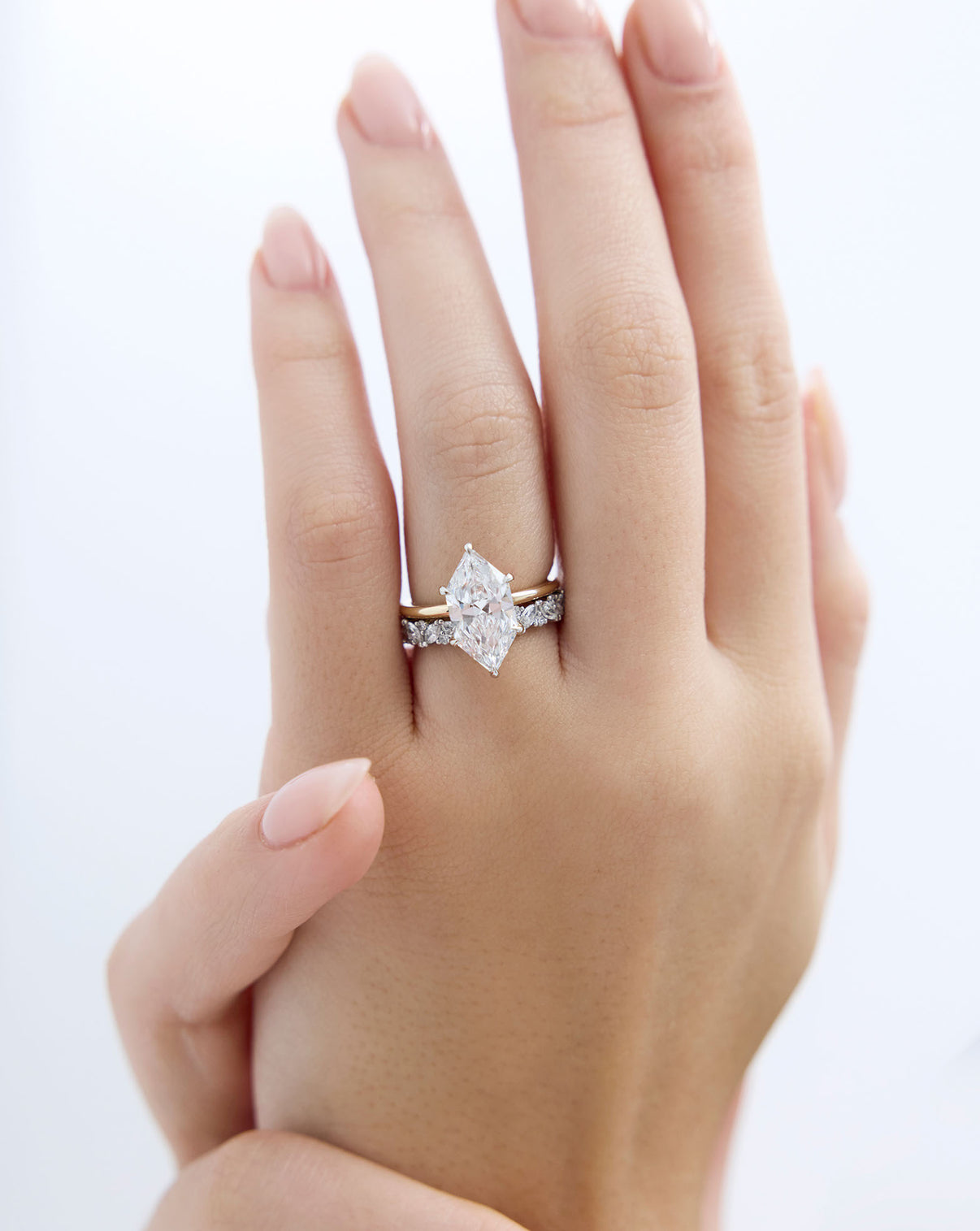 Ring Concierge Marquise Cluster Diamond Eternity Band Platinum on-model paired with engagement ring