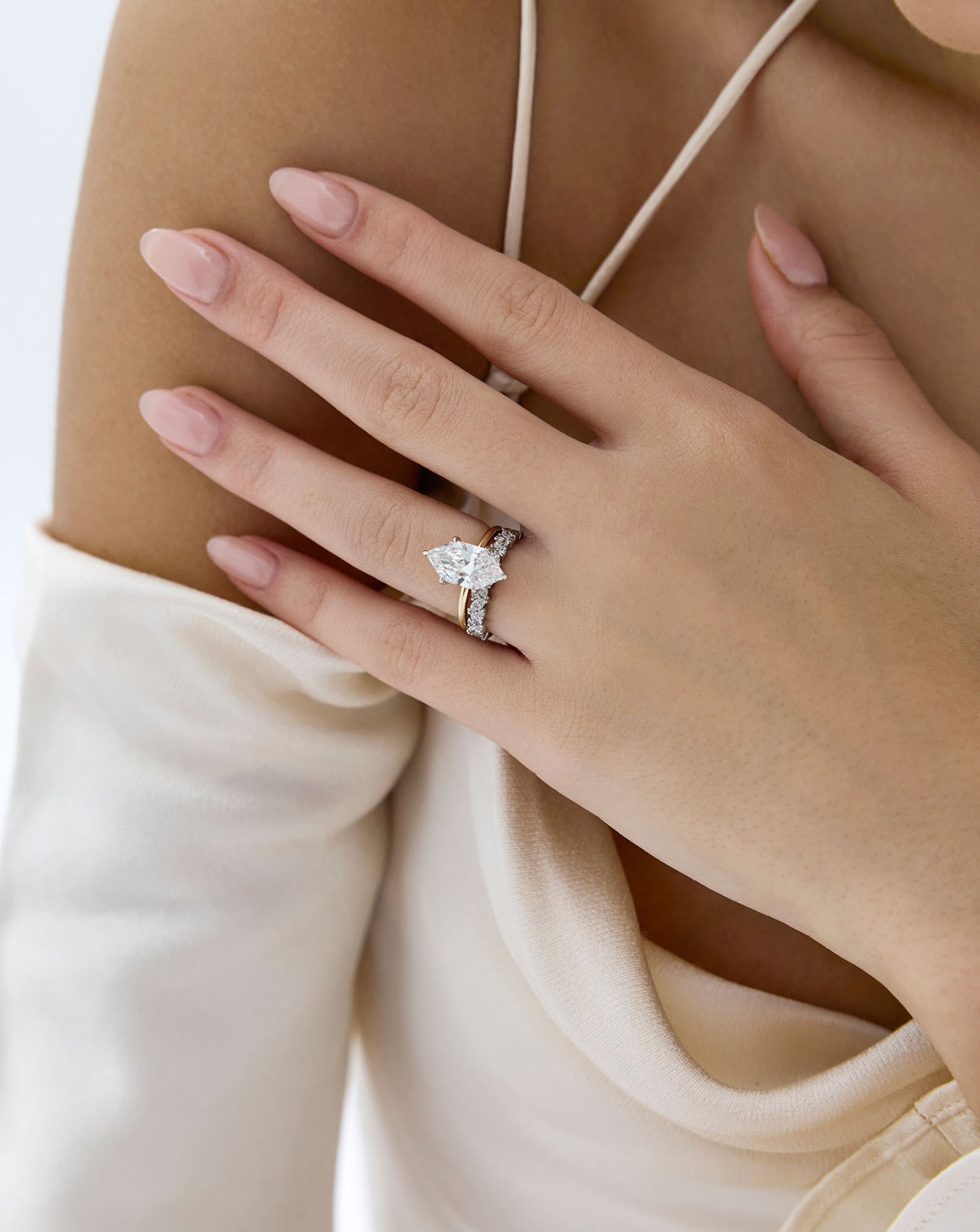 Ring Concierge Marquise Cluster Diamond Eternity Band Platinum paired with engagement ring worn by model