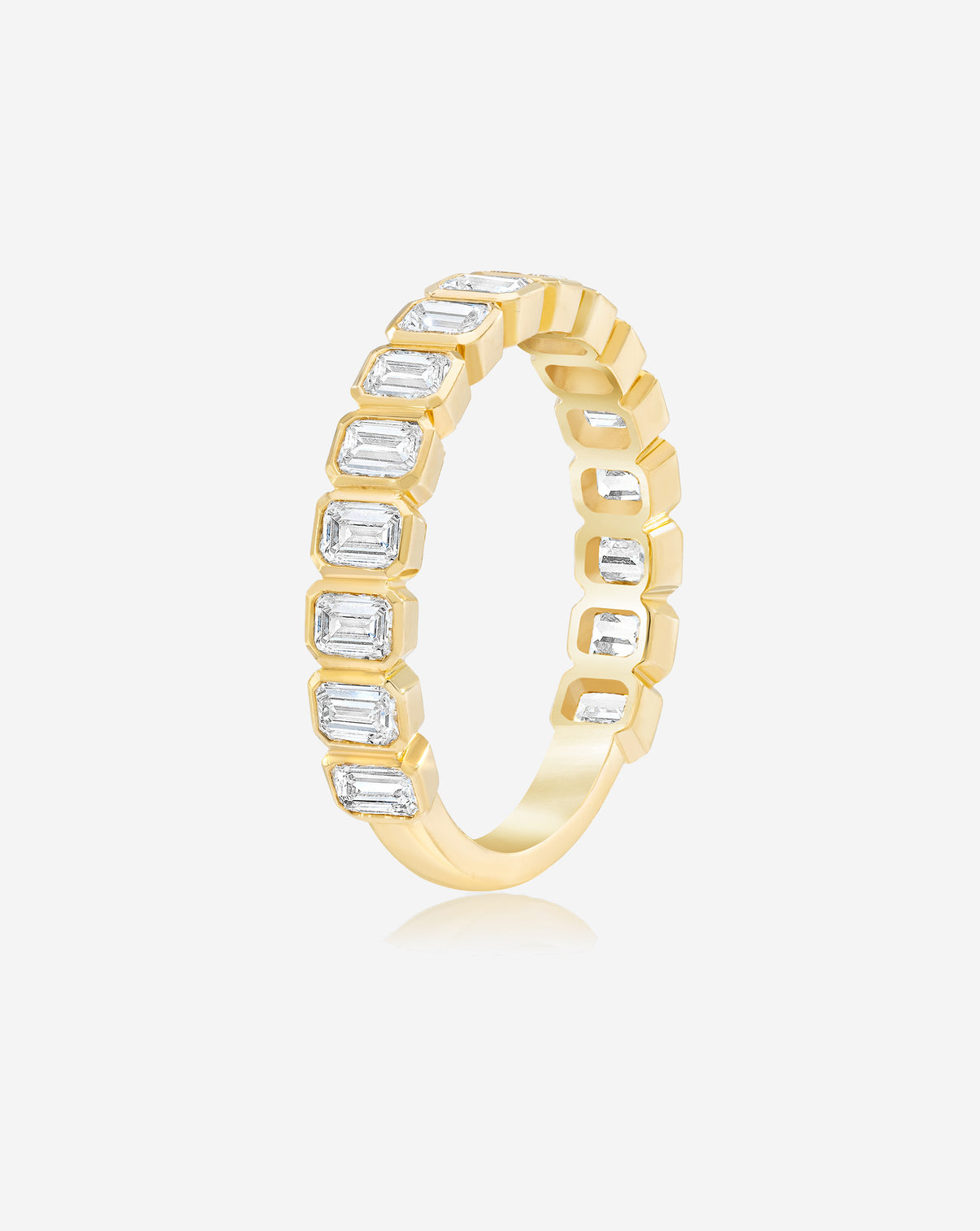 Emerald Bezel Eternity Band in 3/4 diamond coverage in 14K Yellow Gold standing