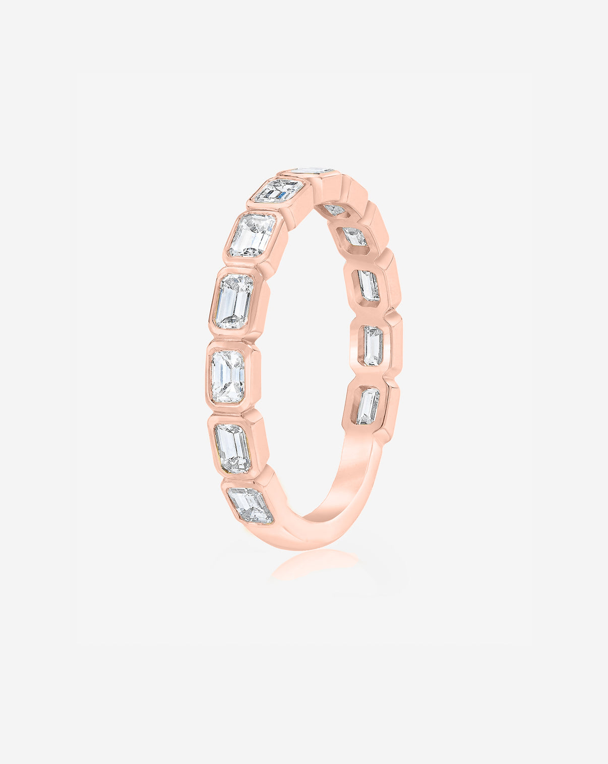 Sideways Emerald Bezel Eternity Band with 3/4 diamond coverage in 14k Rose Gold standing