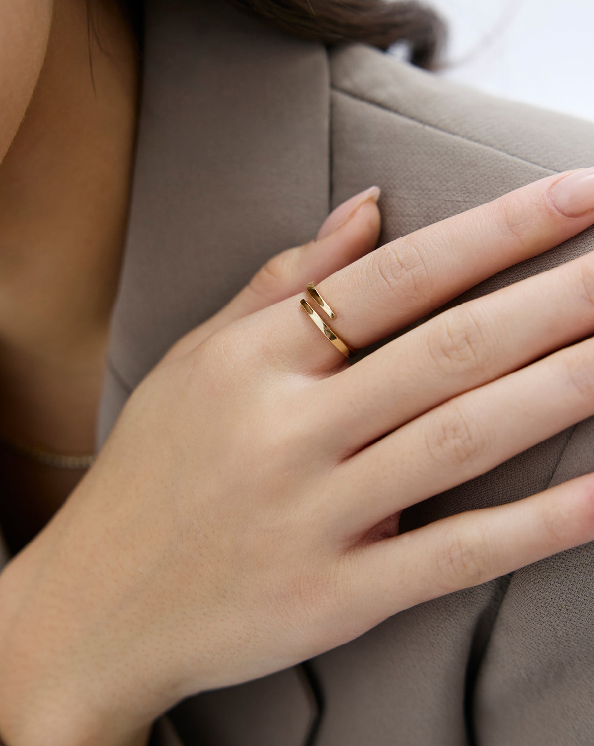 yellow gold open wrap ring on model GLOBAL