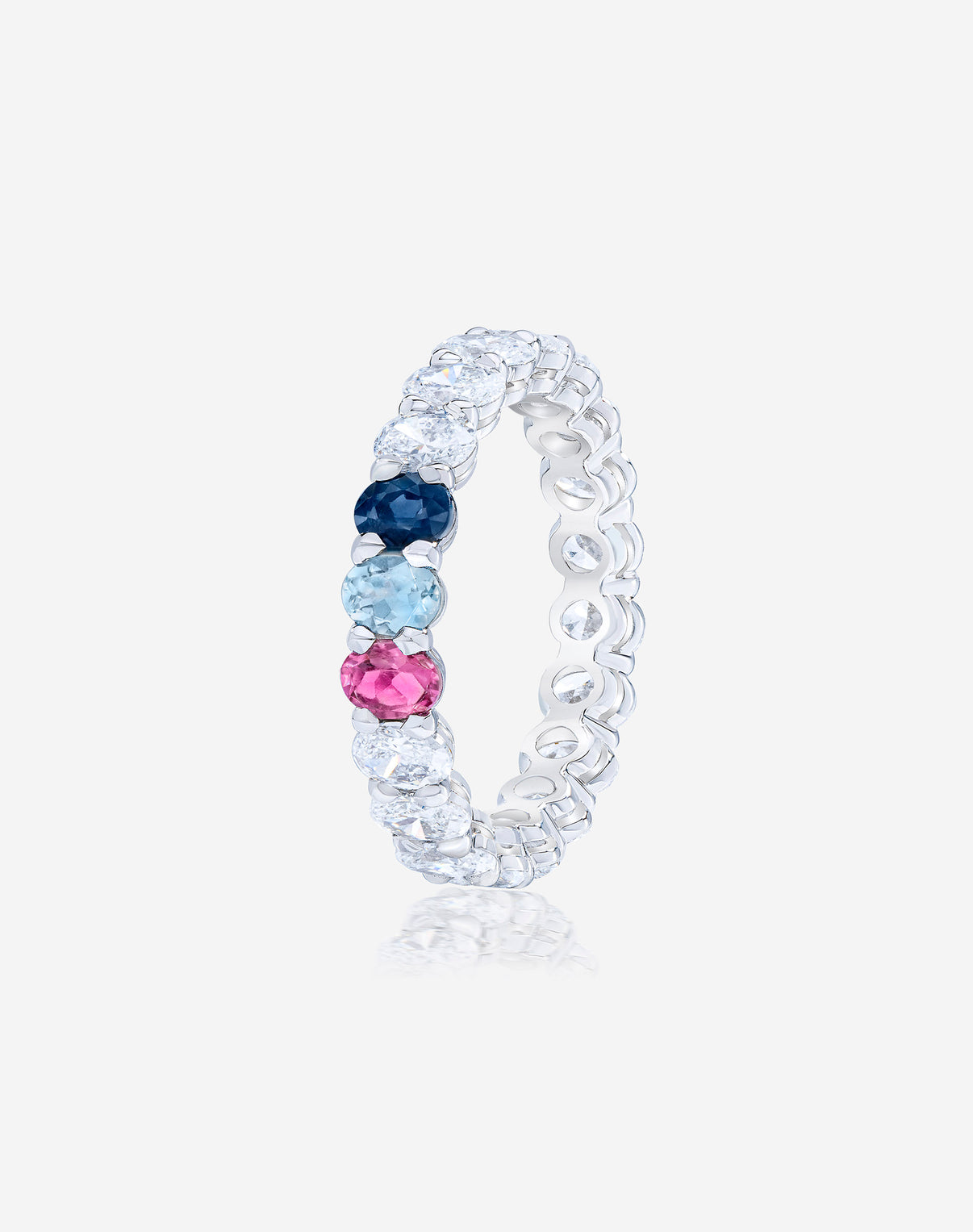 Oval Diamond and Birthstone Eternity Band stacked with 3 multi colored birthstones Platinum side angle