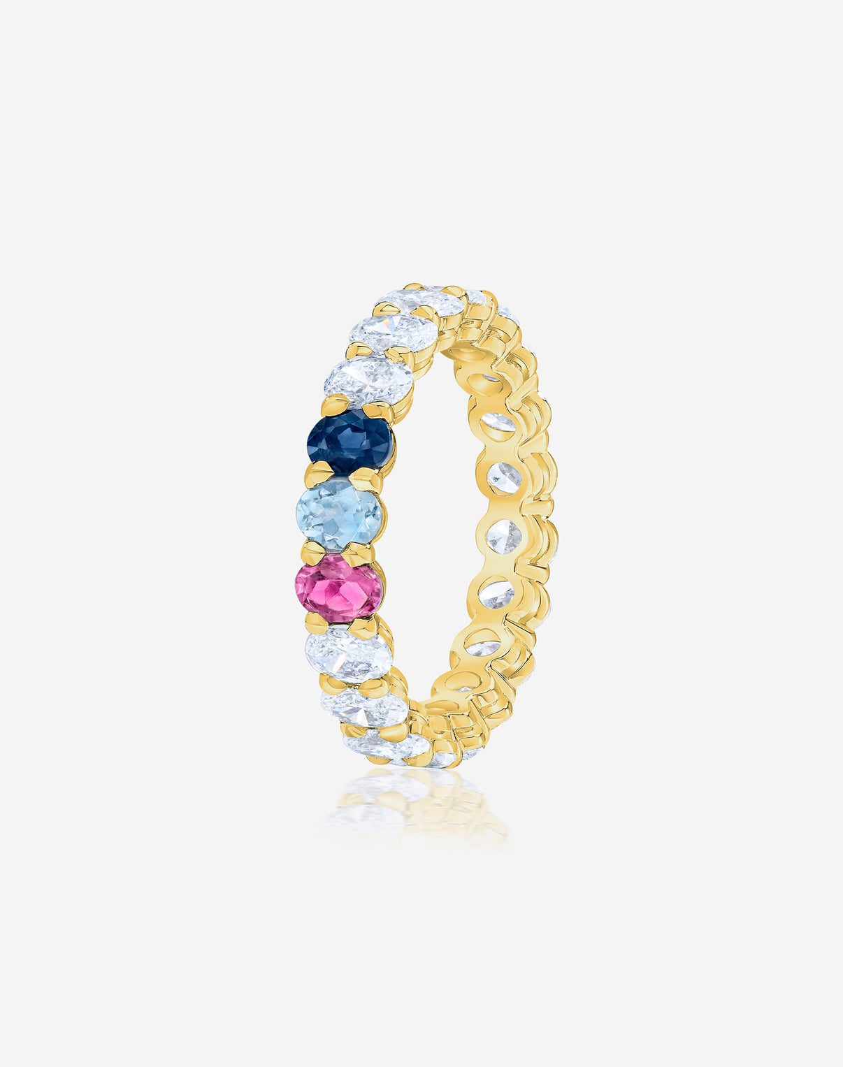 Oval Diamond and Birthstone Eternity Band with 3 birthstones 14K Yellow Gold side angle