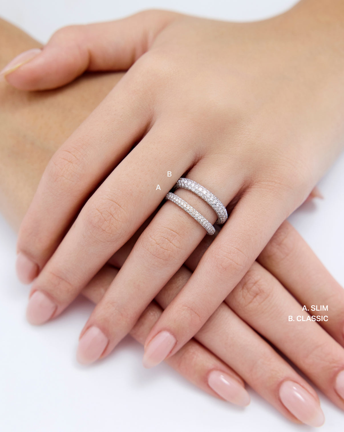 Comparison of Slim and Classic Pavé Cloud Eternity Bands - global