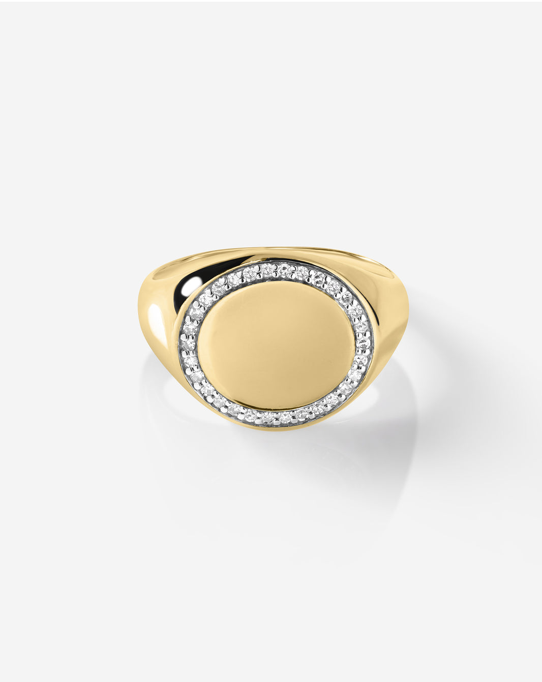  Pavé Diamond Border Signet Ring in 14k gold worn on hand, lifestyle shot