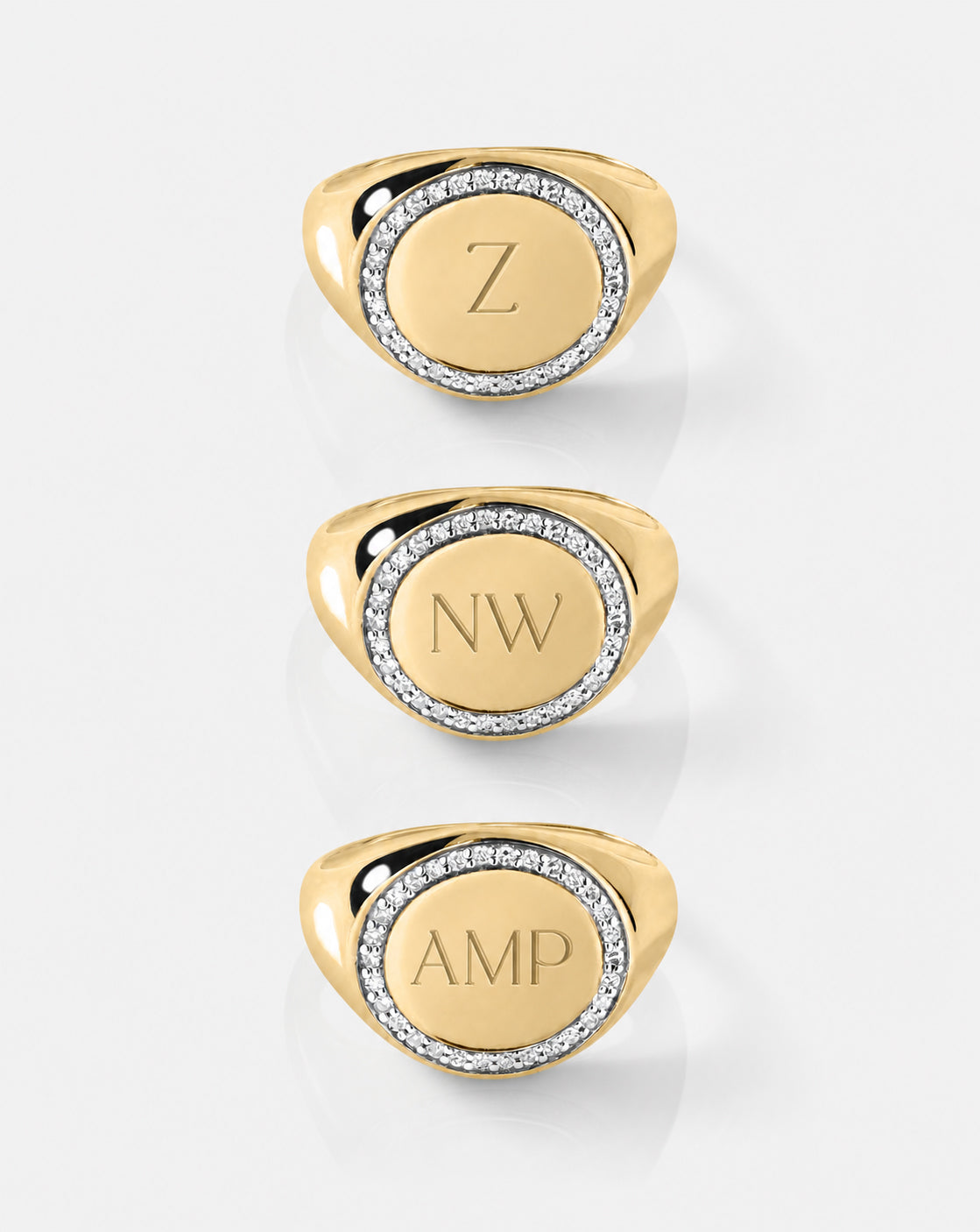 Pavé Diamond Border Signet Ring composite showing Celine font engraving