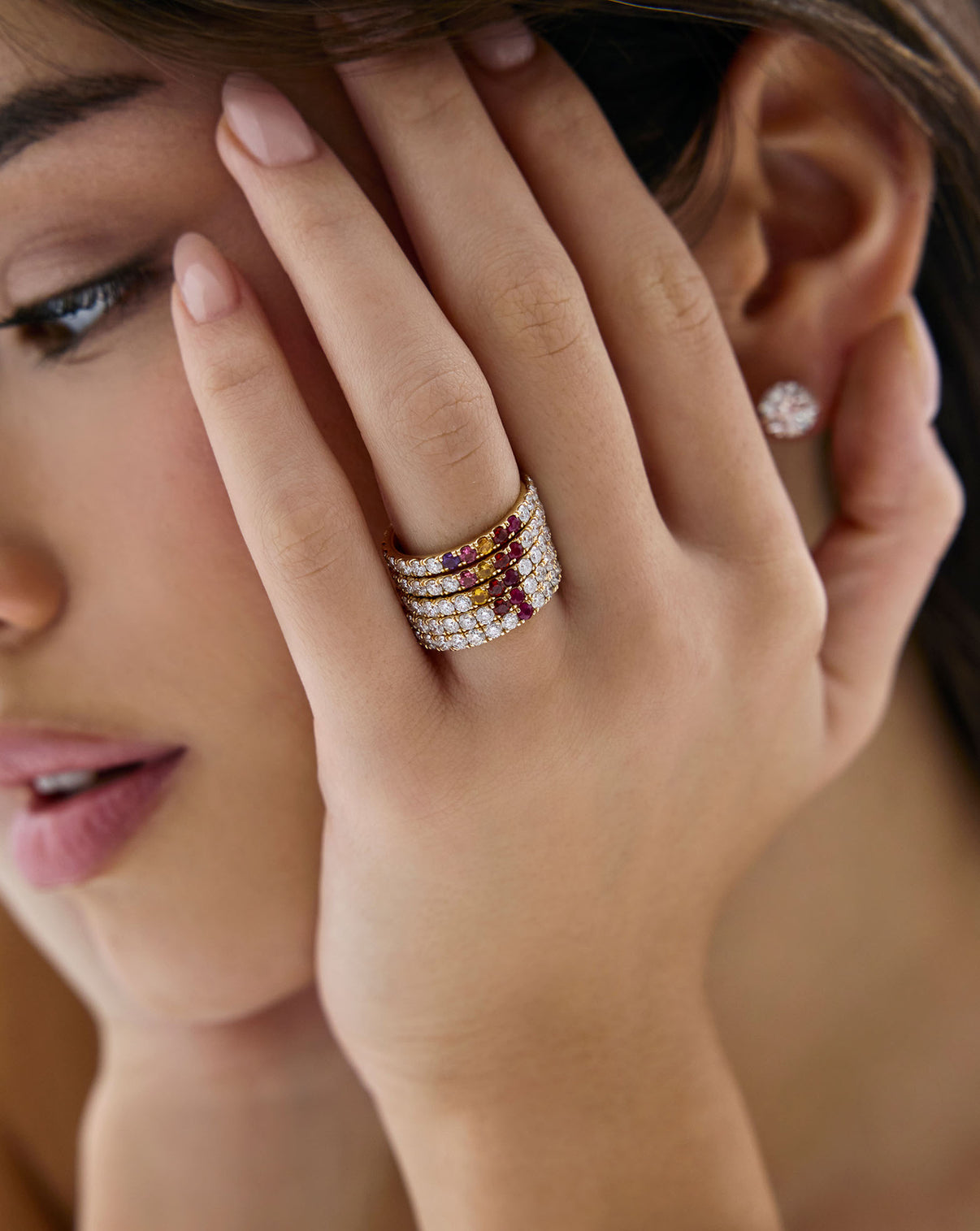 model wearing perfect pave with different birthstone counts global