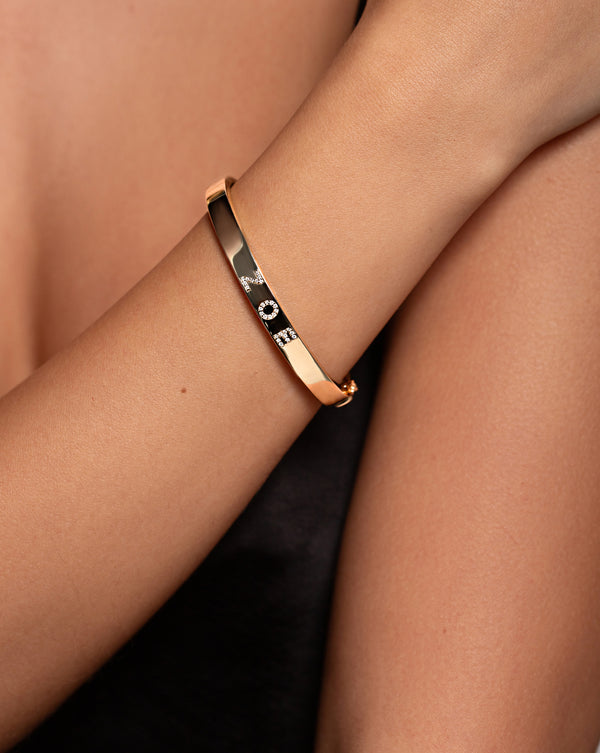 Ring Concierge Pavé Diamond Personalized Bangle 14K YG - with pave engraved name 'ZOE' and styled on-model
