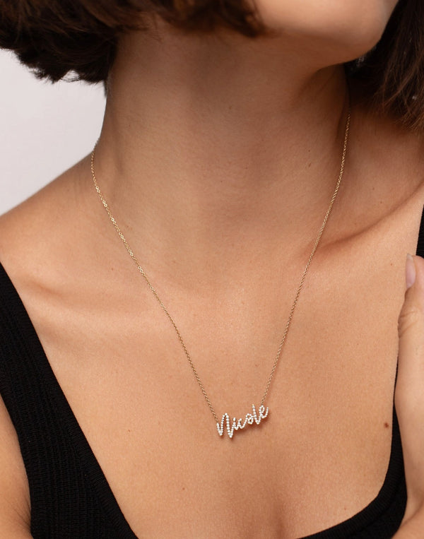 diamond script necklace with the name Nicole shown on model