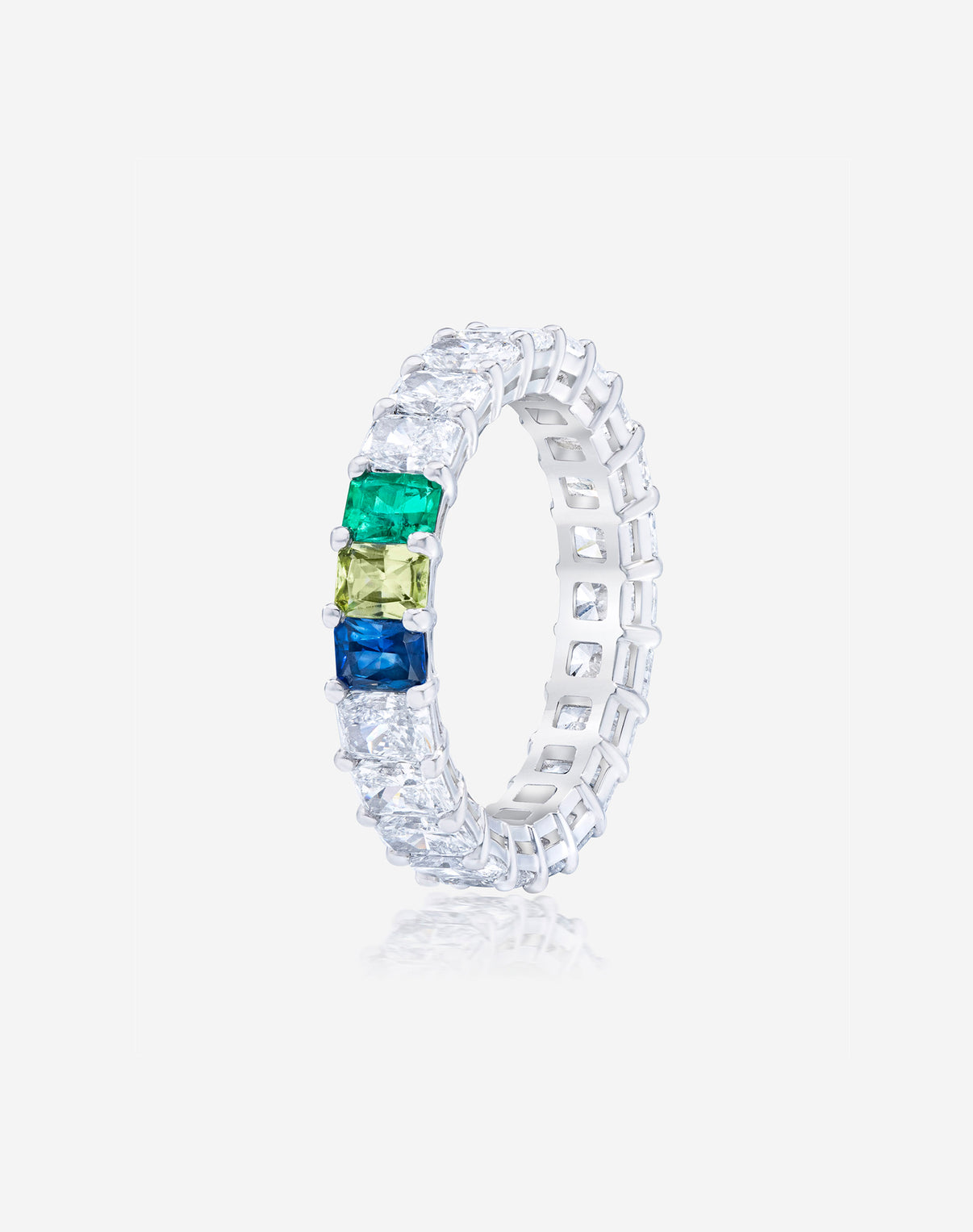 Radiant Diamond and Birthstone Eternity Band with 3 birthstones Platinum side angle