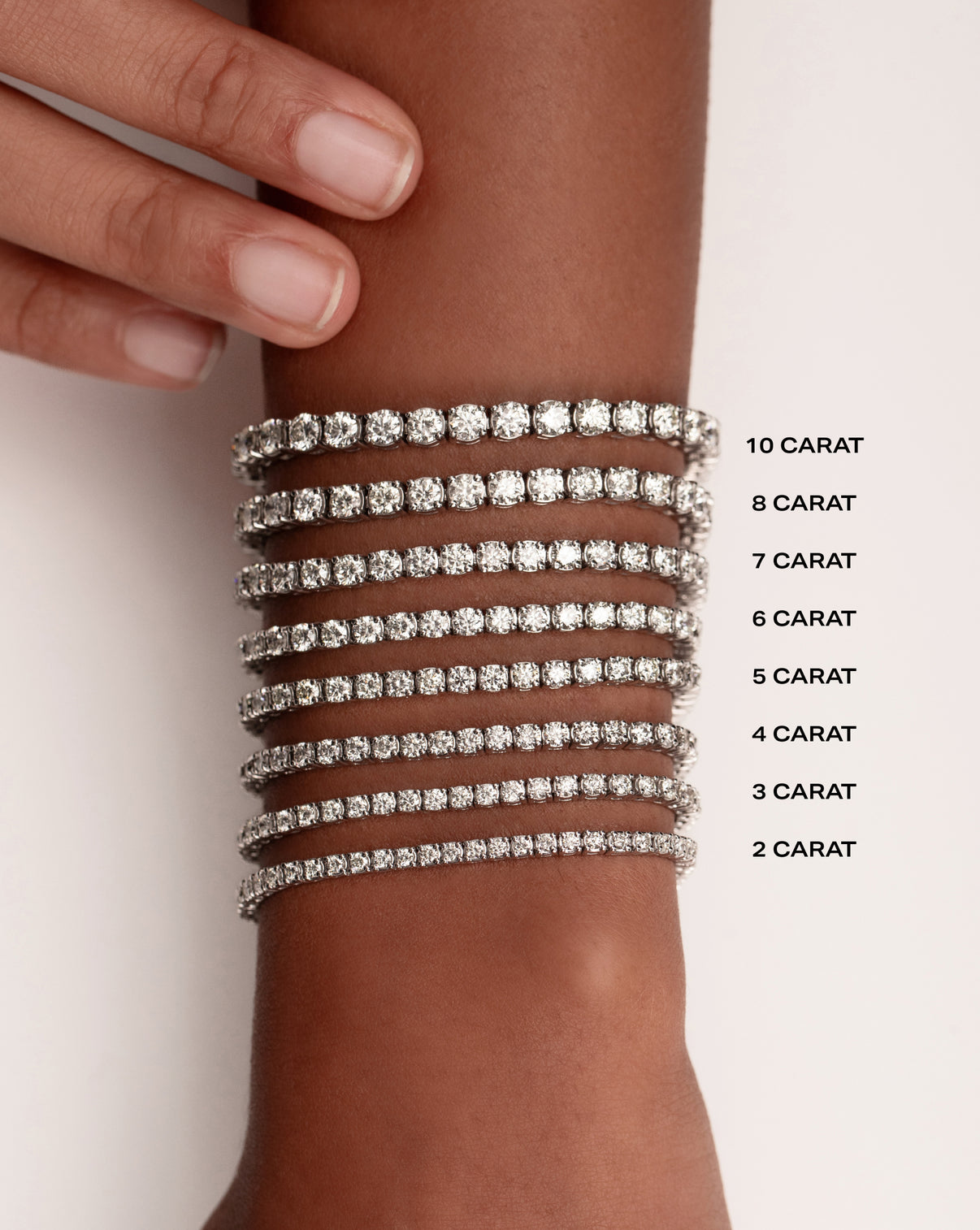 Classic diamond tennis bracelet on model showing all eight carat weight options GLOBAL