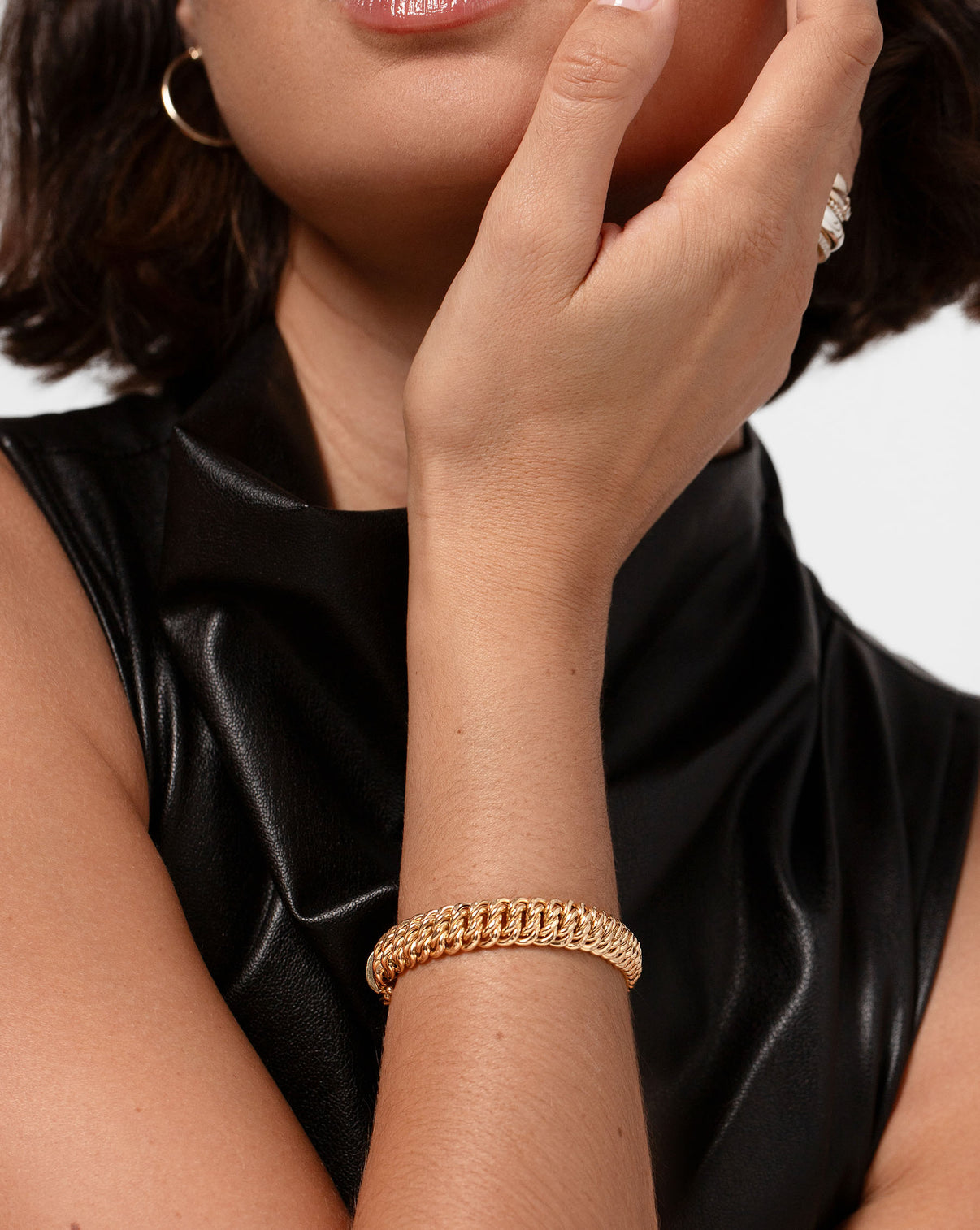 Ring Concierge Bold Gold Braided Chain Bracelet 14k Yellow Gold - on model image, model wearing black top