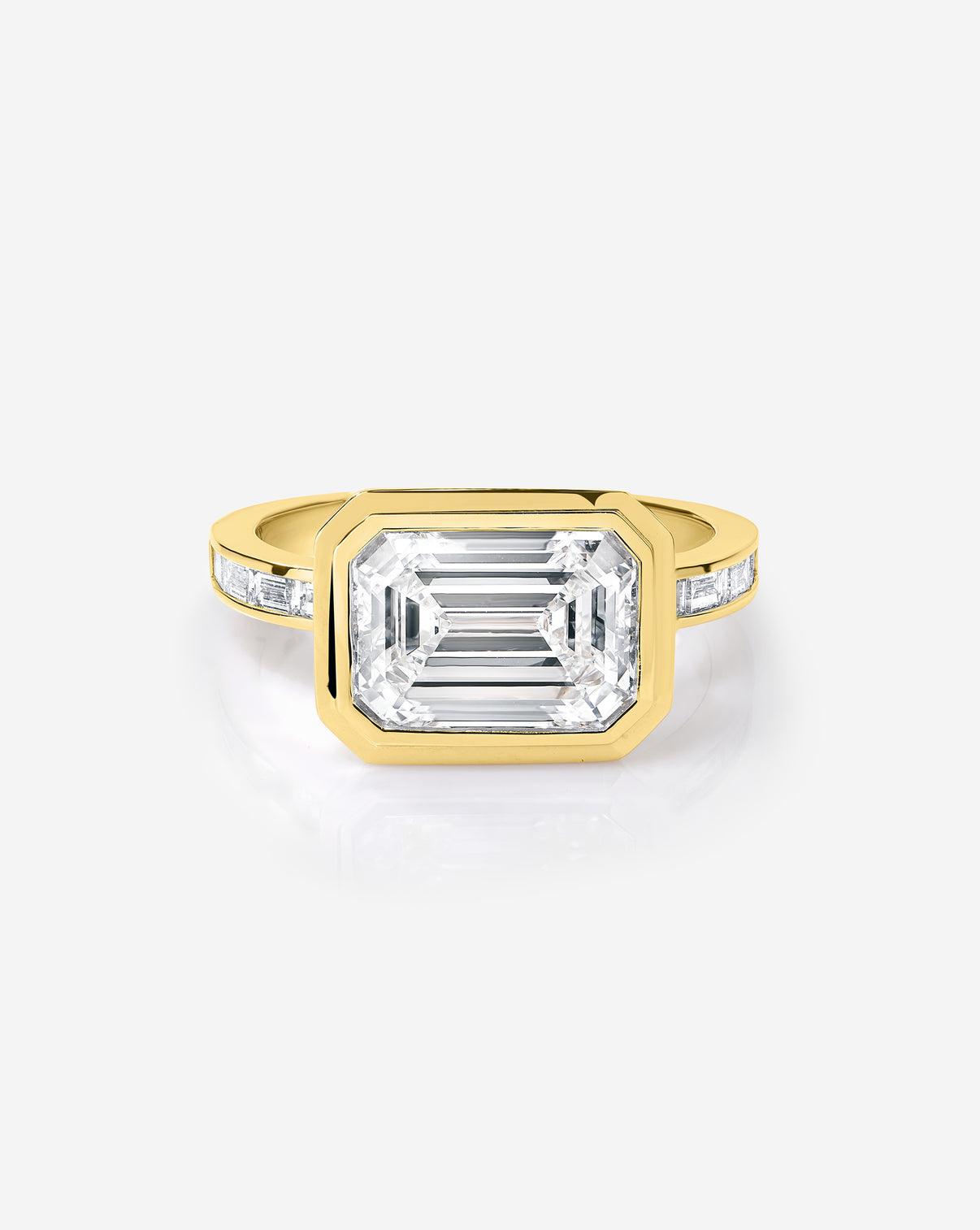3 carat East West Emerald Diamond Channel Set Engagement Ring 14K Yellow Gold