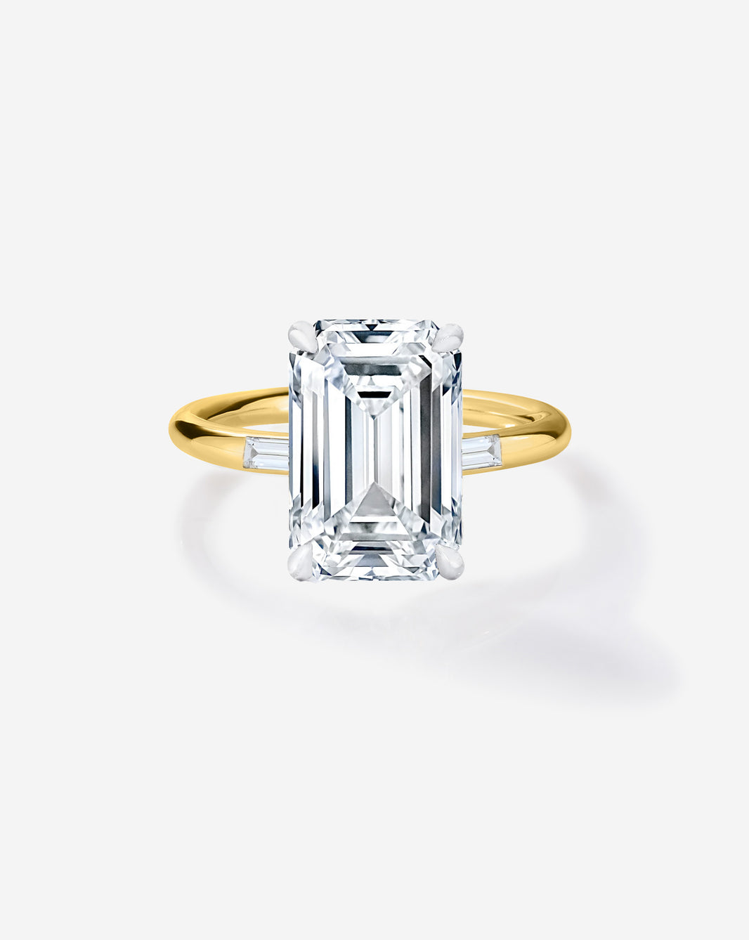 3 carat Emerald Diamond Engagement Ring in Yellow Gold Cloud Three Stone with Baguettes