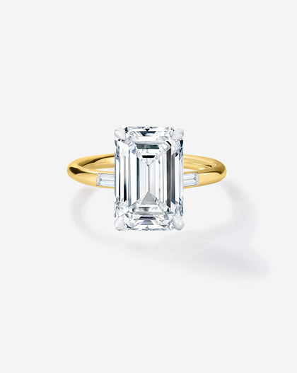 3 carat Emerald Diamond Engagement Ring in Yellow Gold Cloud Three Stone with Baguettes