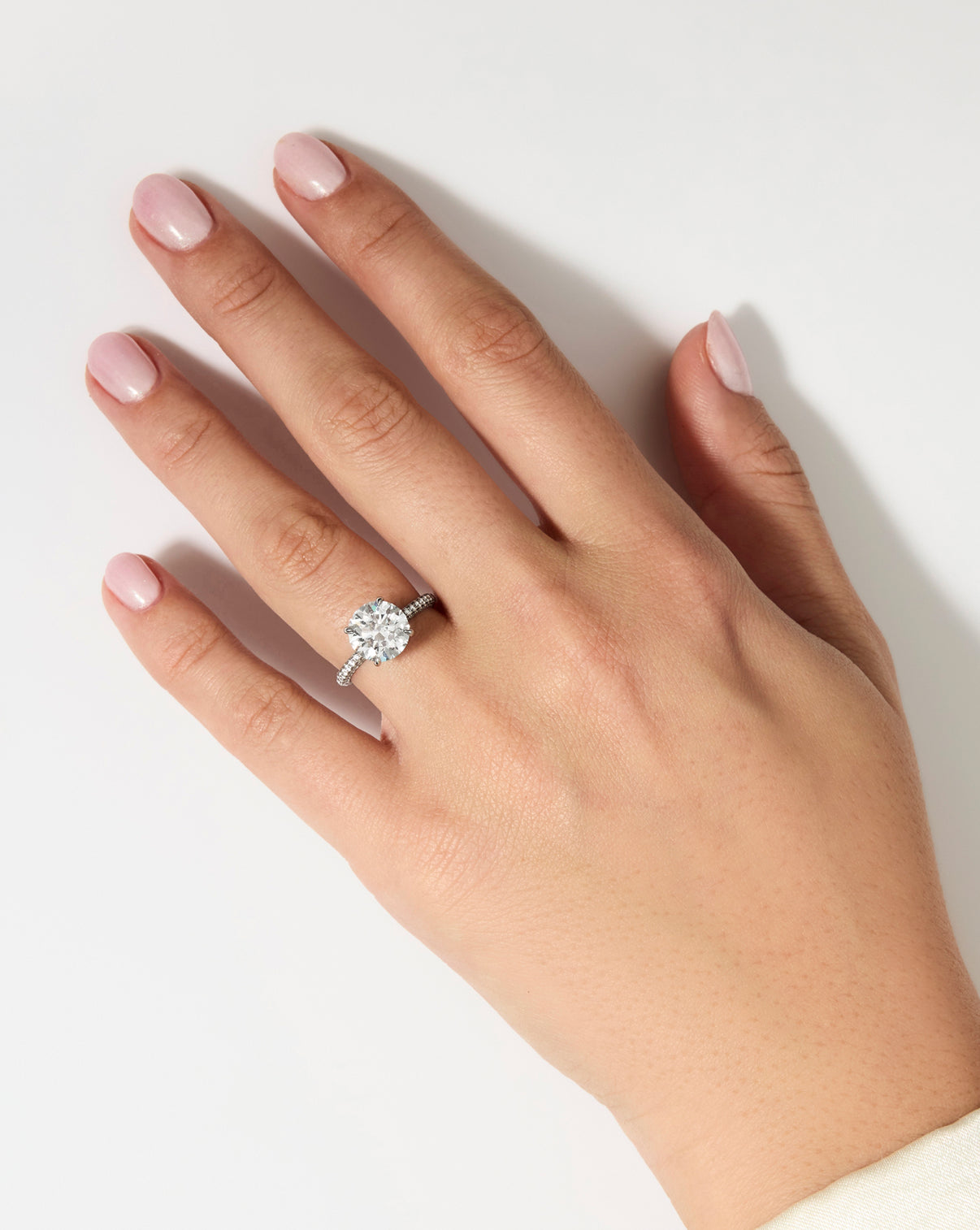 3 Carat Round Diamond in Pavé Cloud Platinum on model