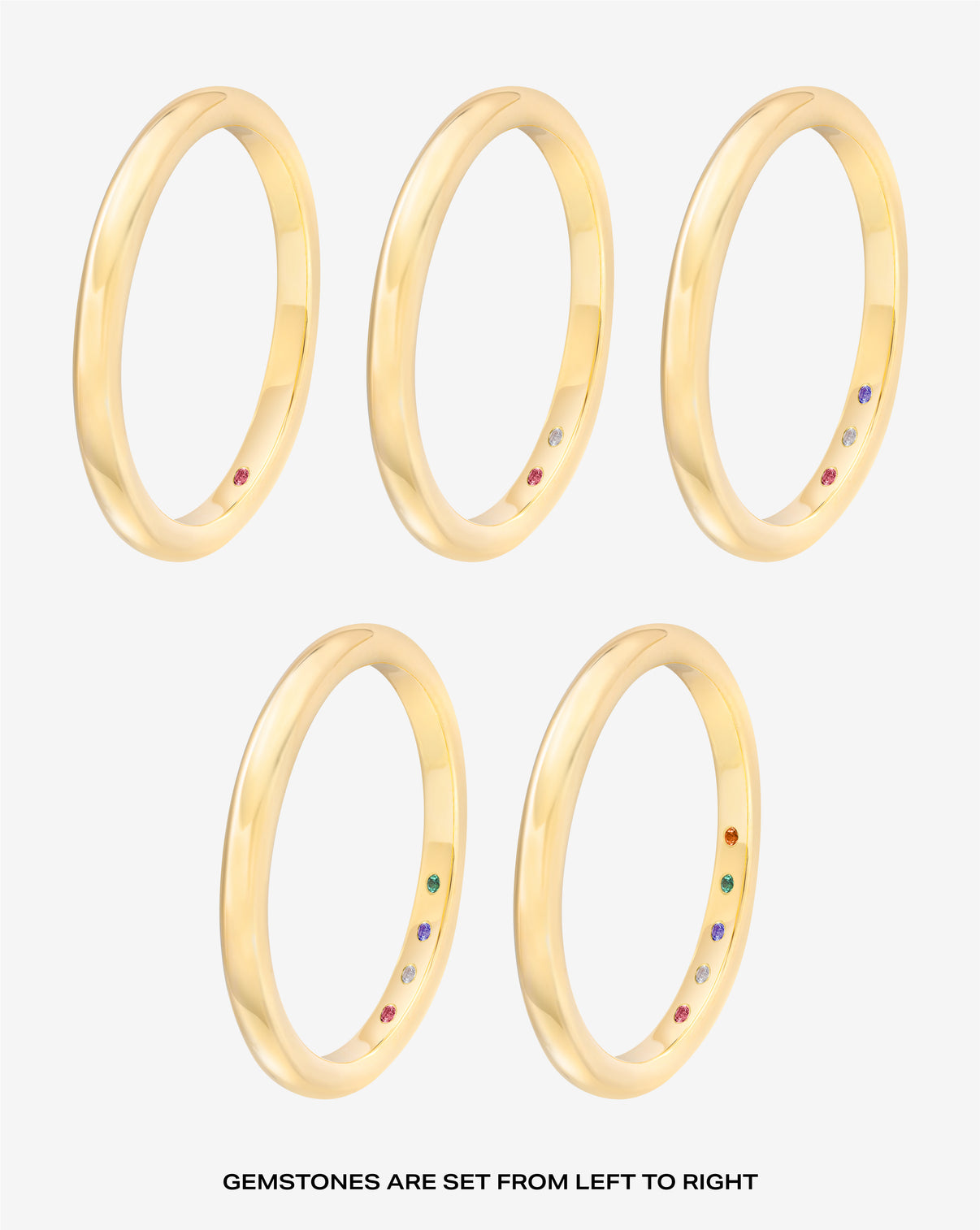 2 mm Cloud Band with Birthstone yellow gold product still composite showing stone count options with text at the bottom "gemstones are set from left to right"