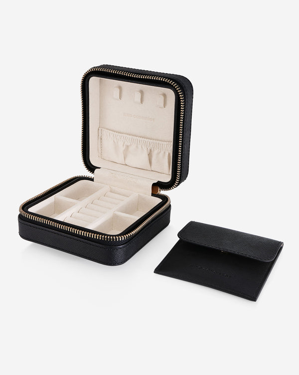Mini Leather Jewelry Case shown open with removable pouch next to the case.