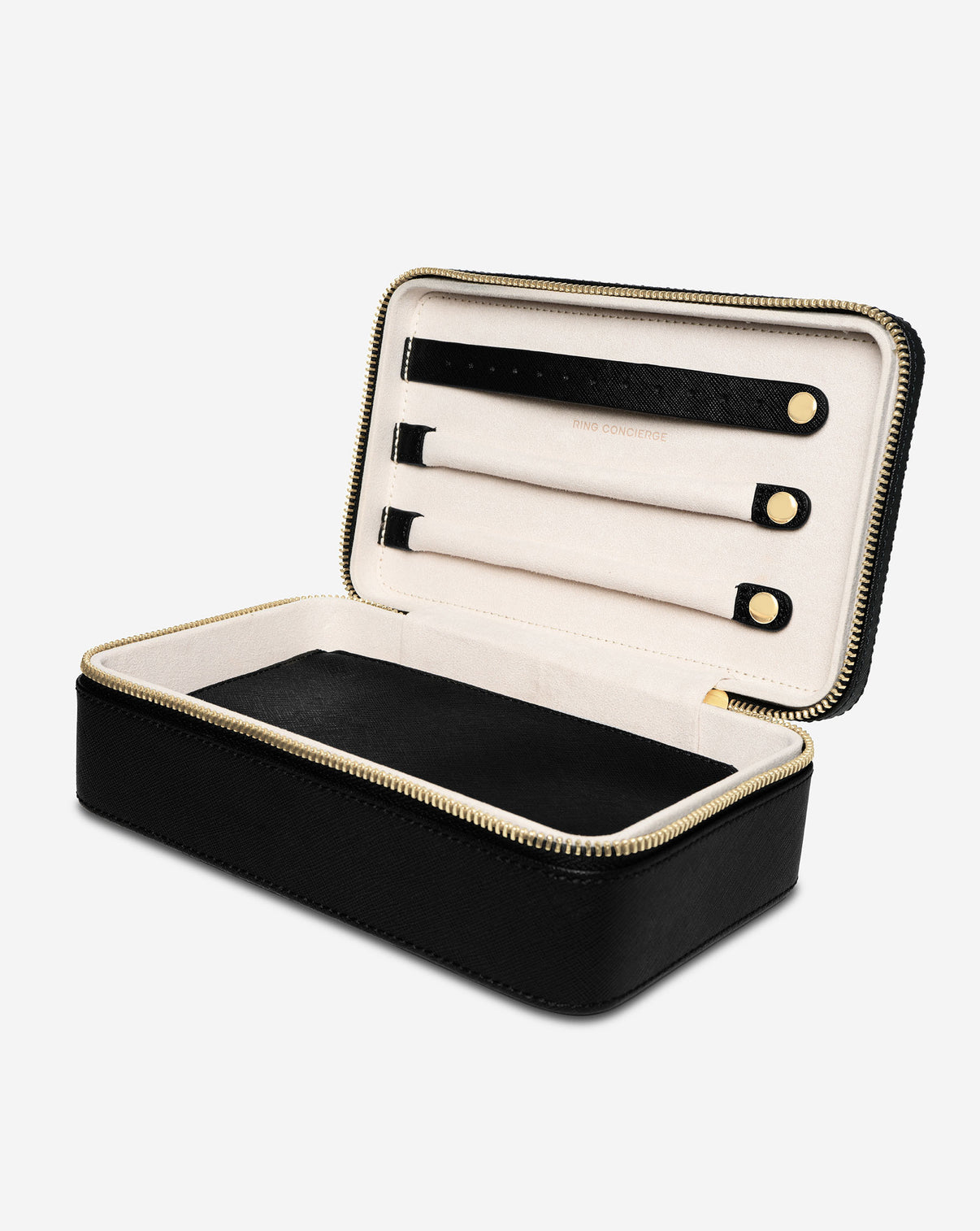 Close up image of the Multiway Leather Jewelry Case shown open with removable pouch inside the case.
