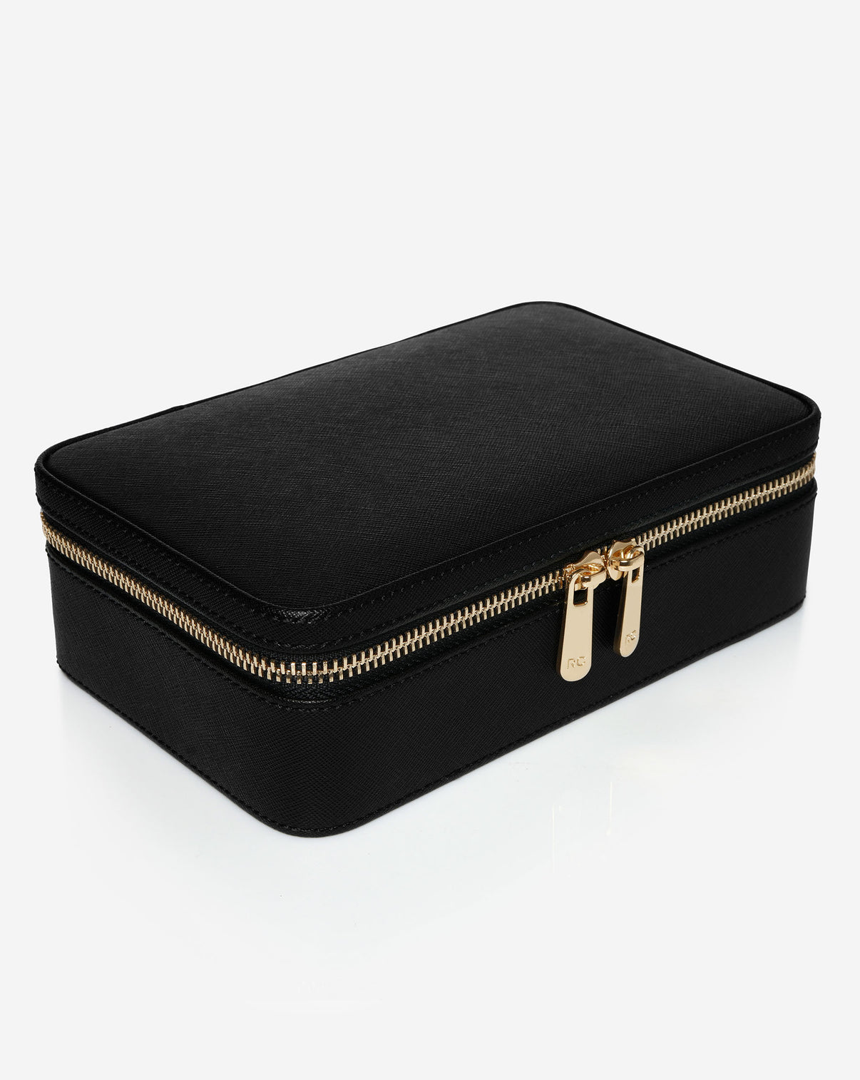 Angled view of the Multiway Leather Jewelry Case zippered close.