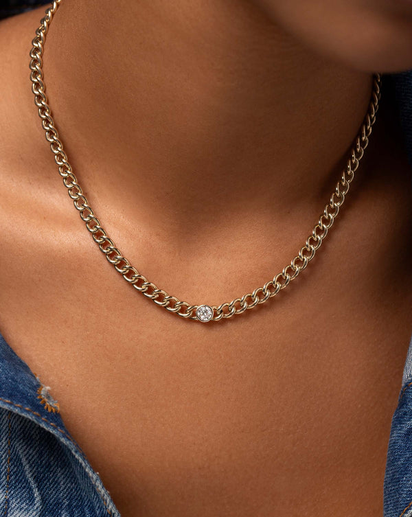 Bezel-Set Diamond Curb Chain Necklace on model