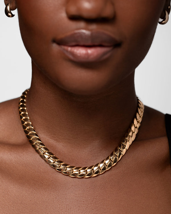 Ring Concierge Bold Gold Flat Chain Necklace 14k Yellow Gold- on model, styled with gold earrings