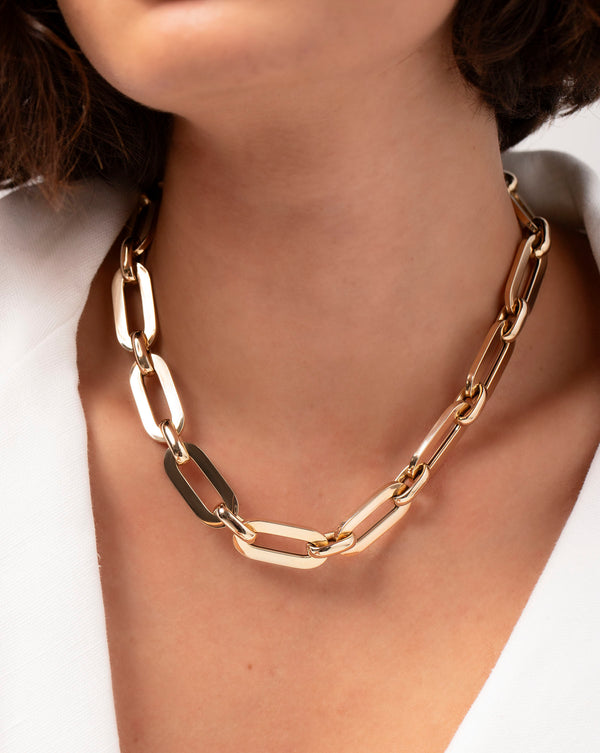 Ring Concierge Bold Gold Link Chain Necklace 14k Yellow Gold - on-model, model wearing white top