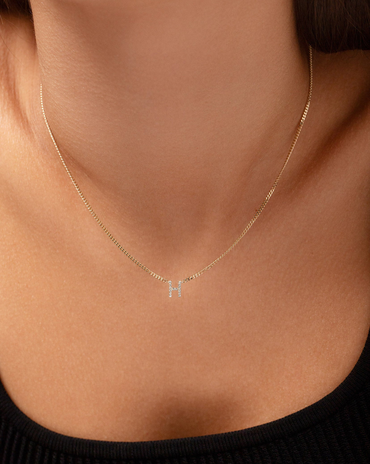 Diamond Initial Necklace letter H on model