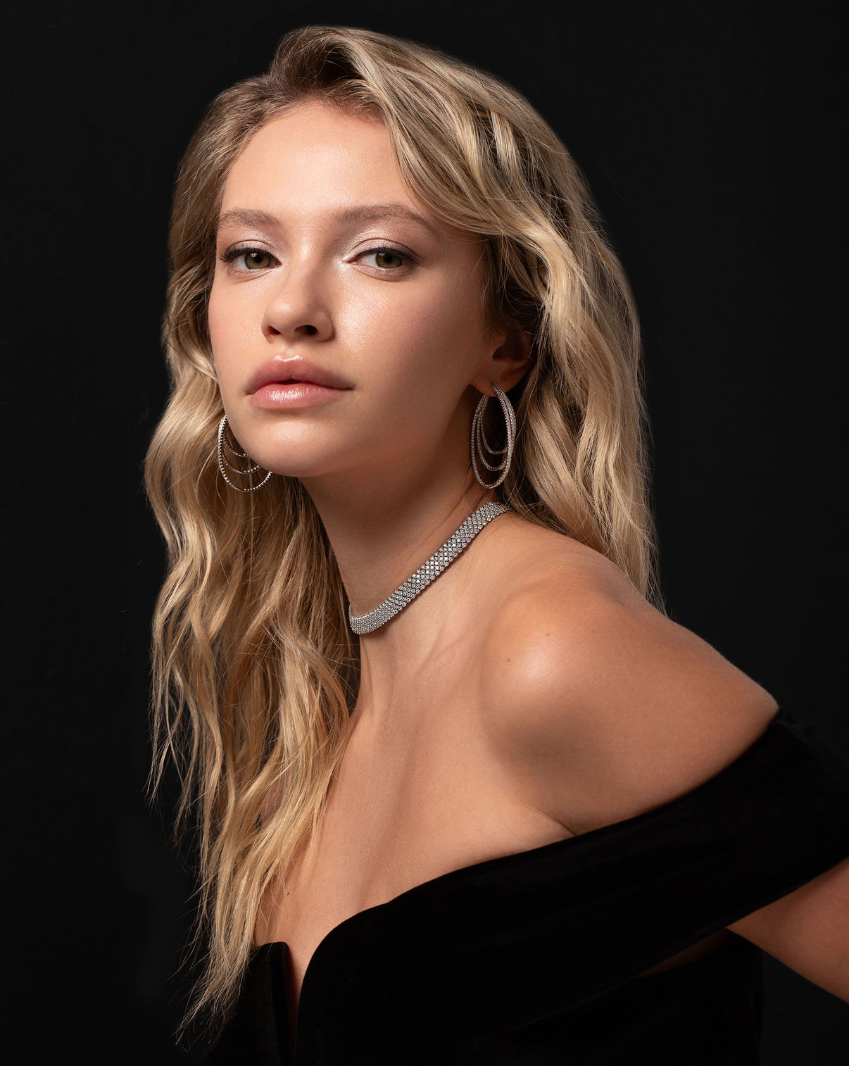 Ring Concierge Diamond Mesh Choker 14k White Gold - On-model and styled with diamond multi hoops, model in black off the shoulder dress