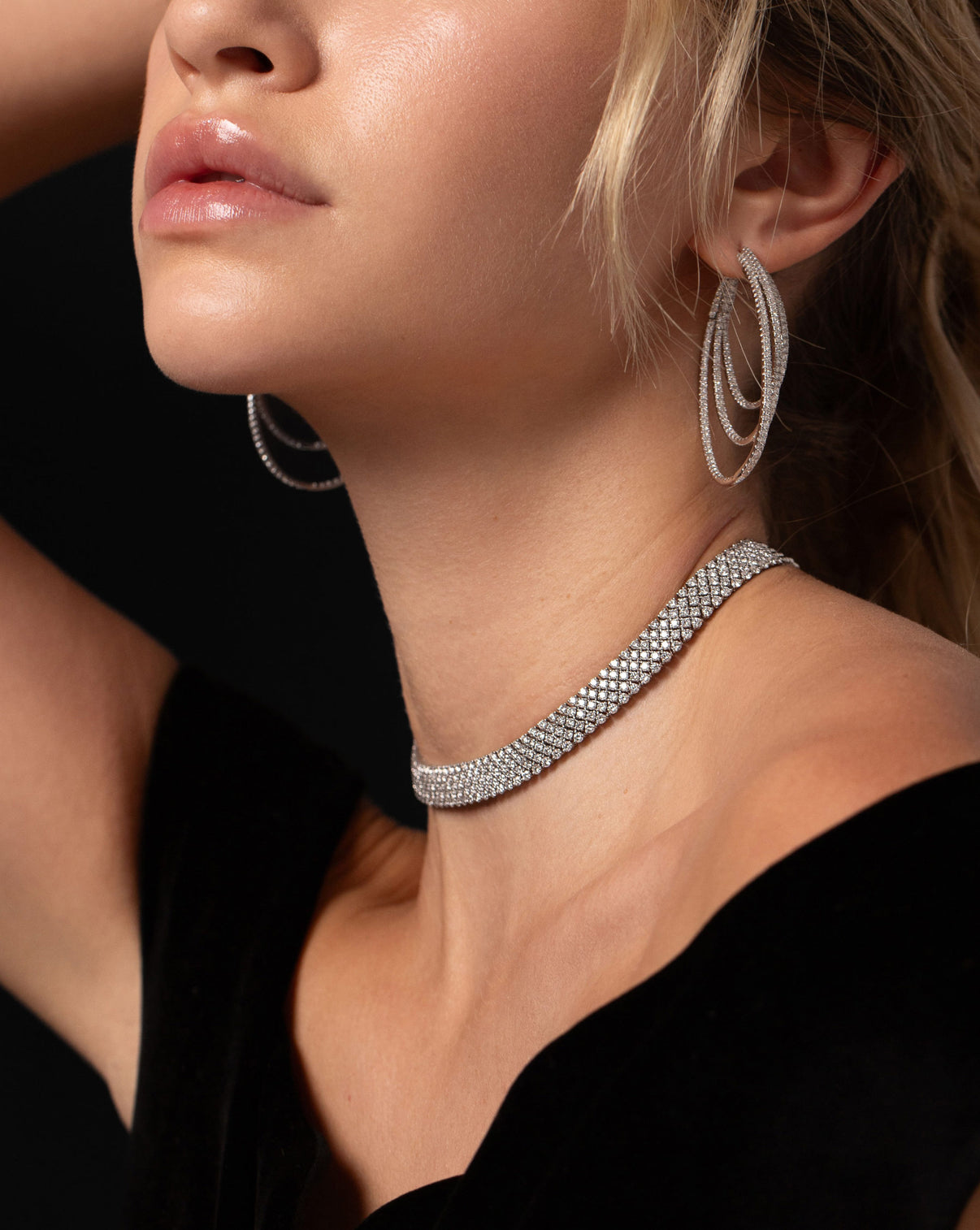 Ring Concierge Diamond Mesh Choker 14k White Gold - On-model and styled with diamond multi hoops