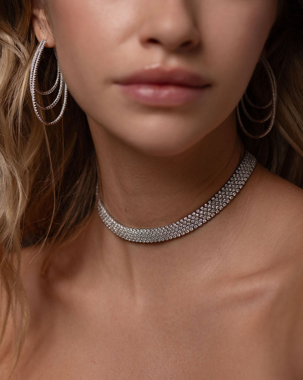 Ring Concierge Diamond Mesh Choker 14k White Gold - On-model and styled with diamond multi hoops