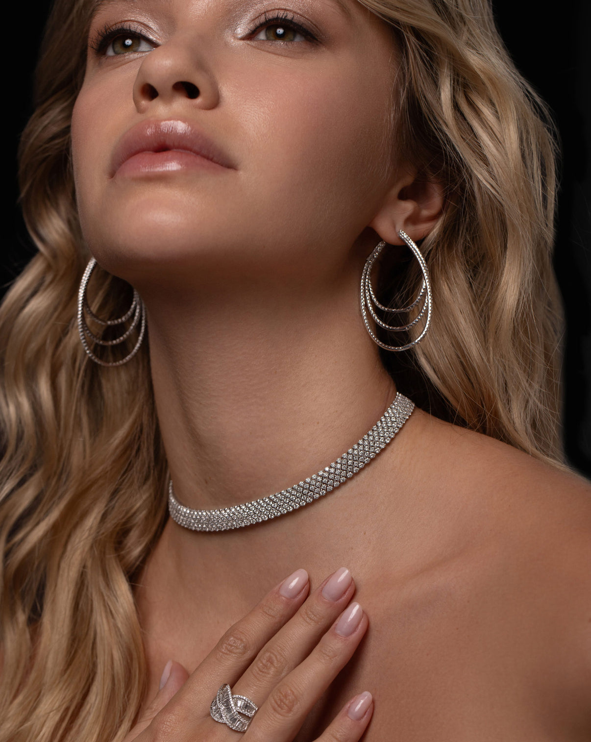 Ring Concierge Diamond Mesh Choker 14k White Gold - On-model and styled with diamond multi hoops