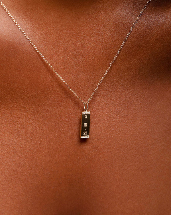 Close up image of the Engravable Diamond Tag Necklace