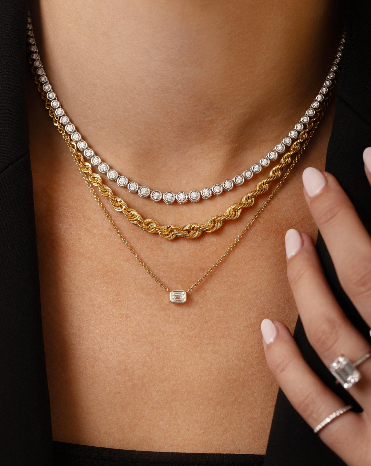 on-model image with multiple necklaces like tennis and chain GLOBAL