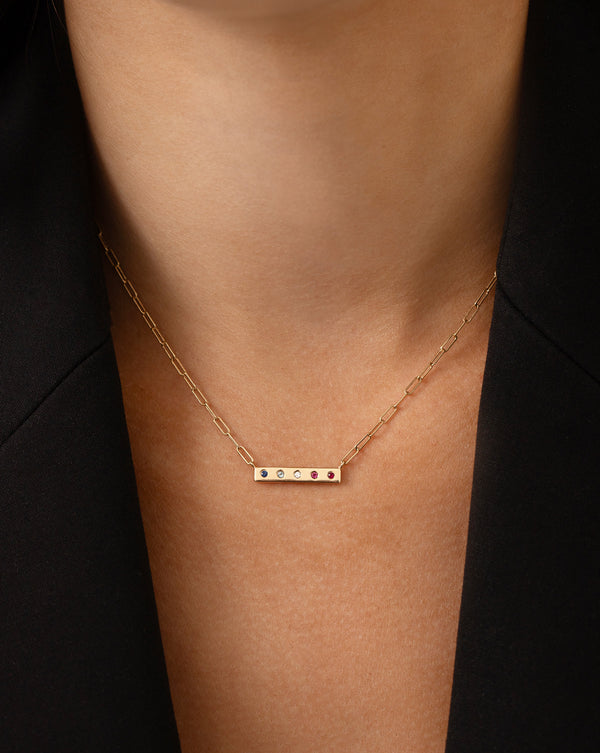 5 inlay birthstone bar necklace shown on model
