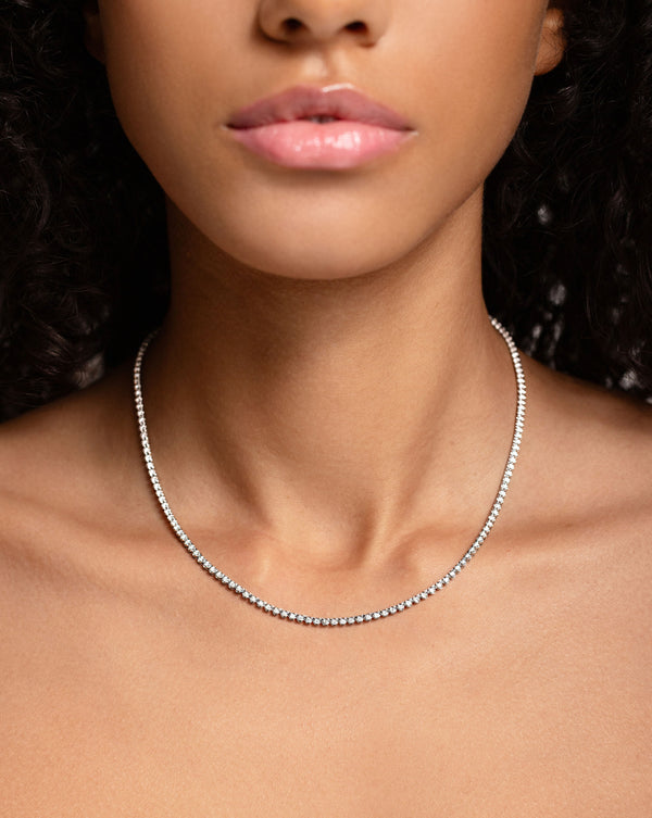 14k White Gold Tennis Necklace on neck  | Show-white