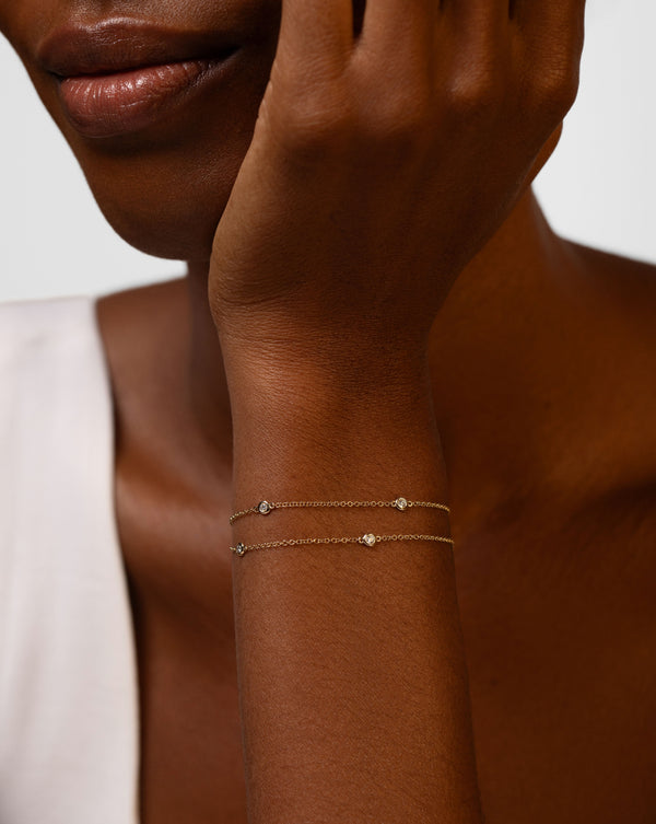Multiway Diamond Bezel Necklace + Double Wrap Bracelet styled as a bracelet on model