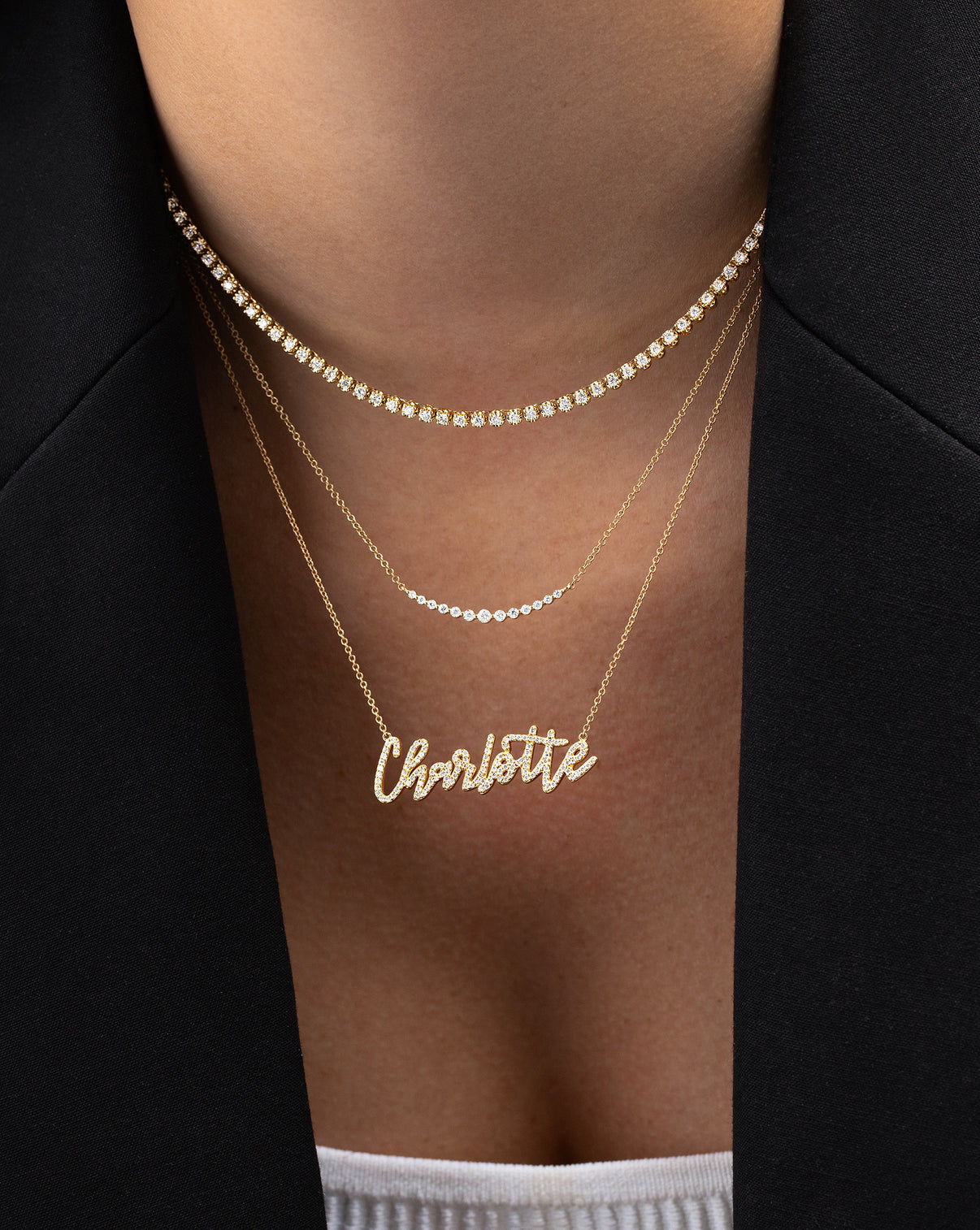 Personalized Diamond Script Name Necklace with Charlotte, styled with 2 other necklaces on model