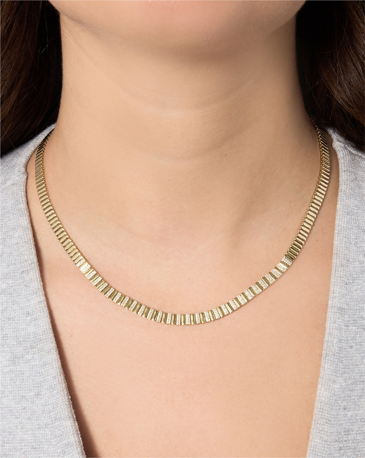 Ribbed style necklace with diamonds on-model