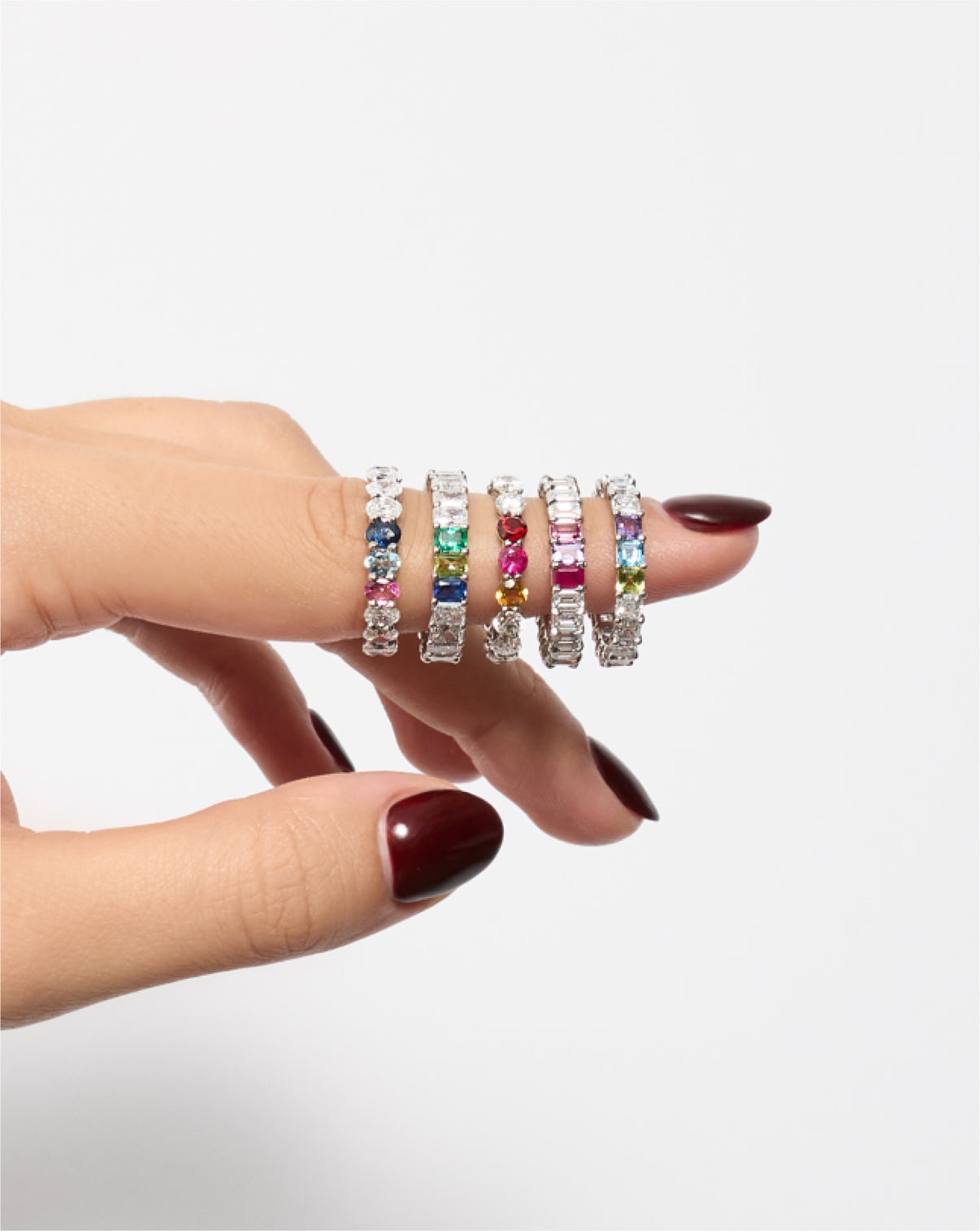 diamond and birthstone eternity bands on model Platinum, 14k Yellow Gold, 14k Rose Gold