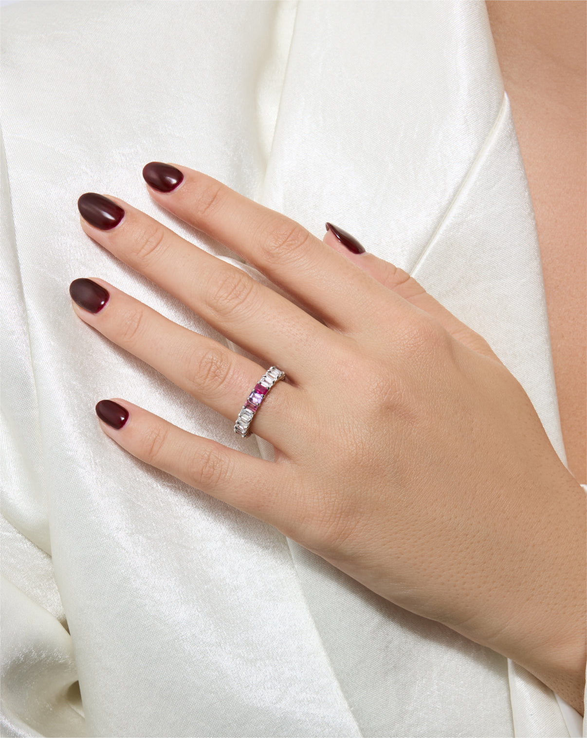 emerald diamond and birthstone eternity band | on model global