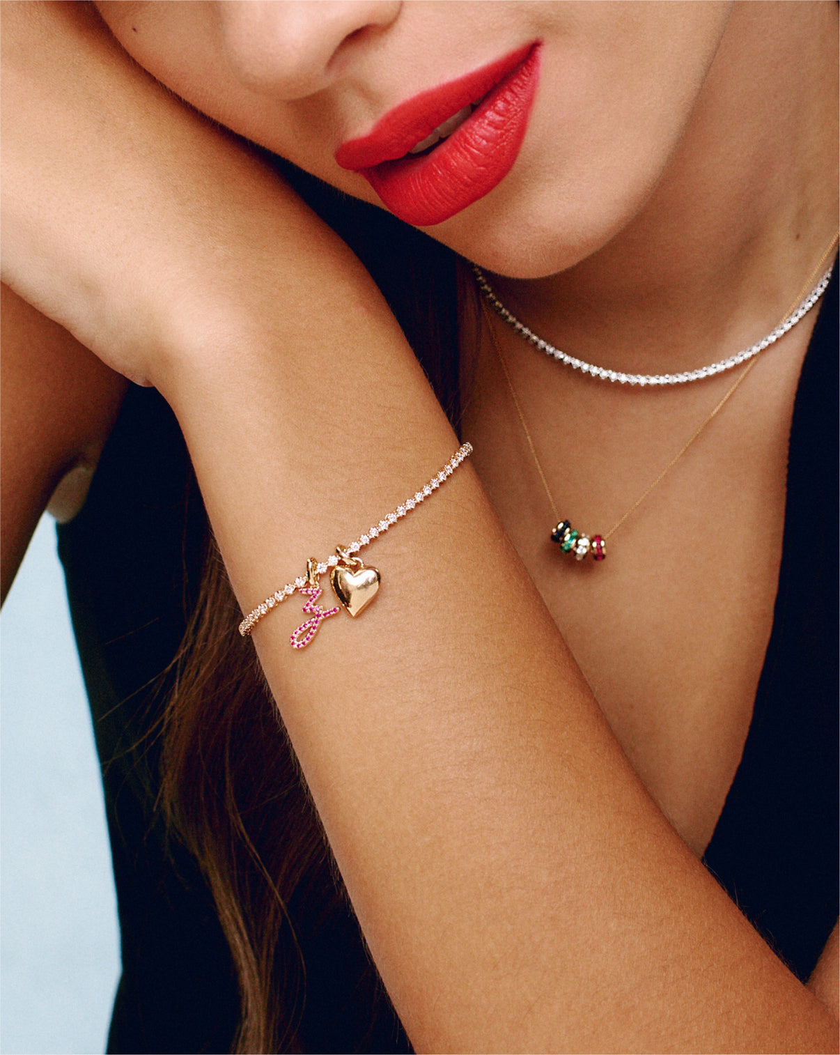 Heart Charm styled on a tennis bracelet with gemstone charms