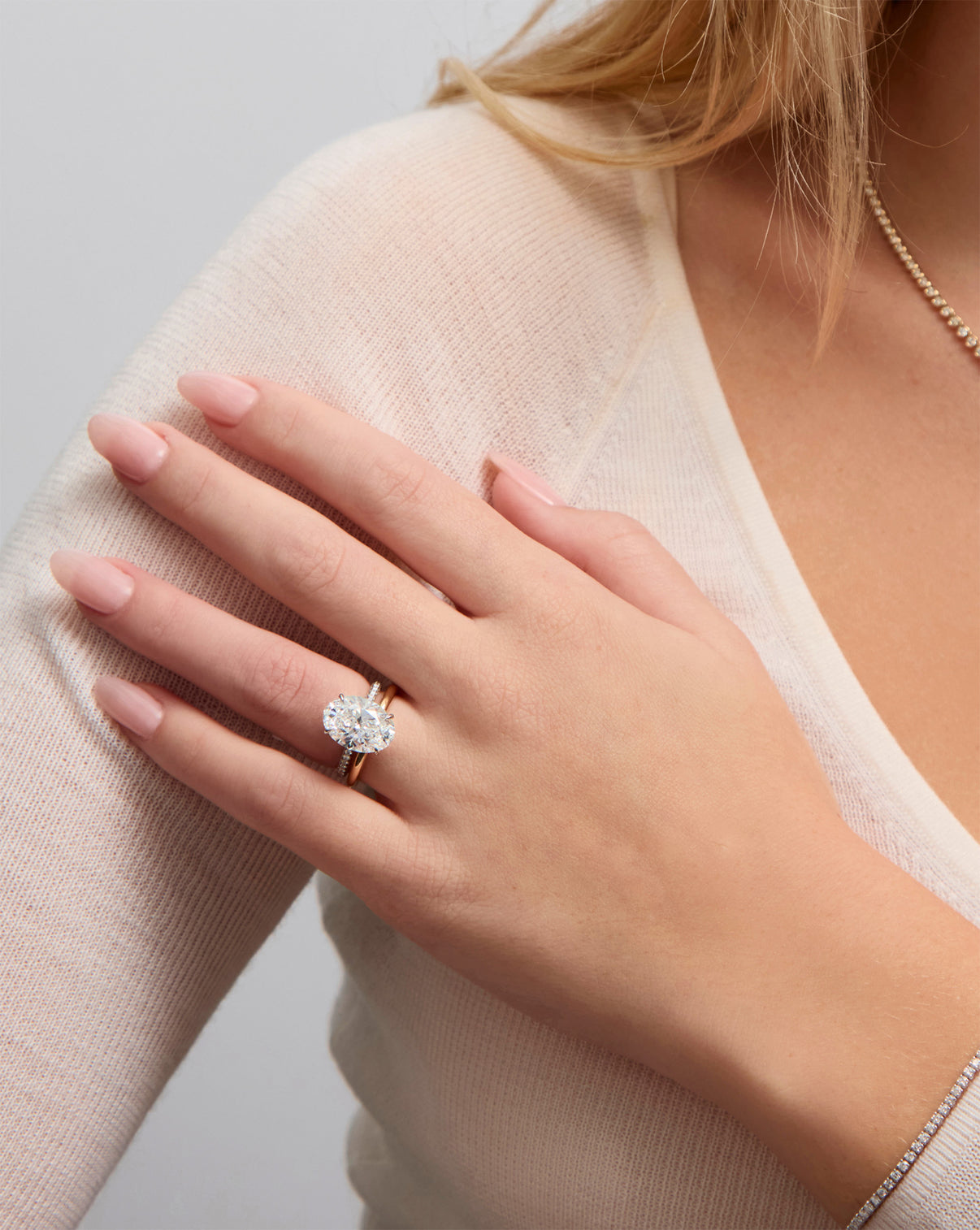 2 mm Cloud Band with Birthstone styled with oval shaped engagement ring global