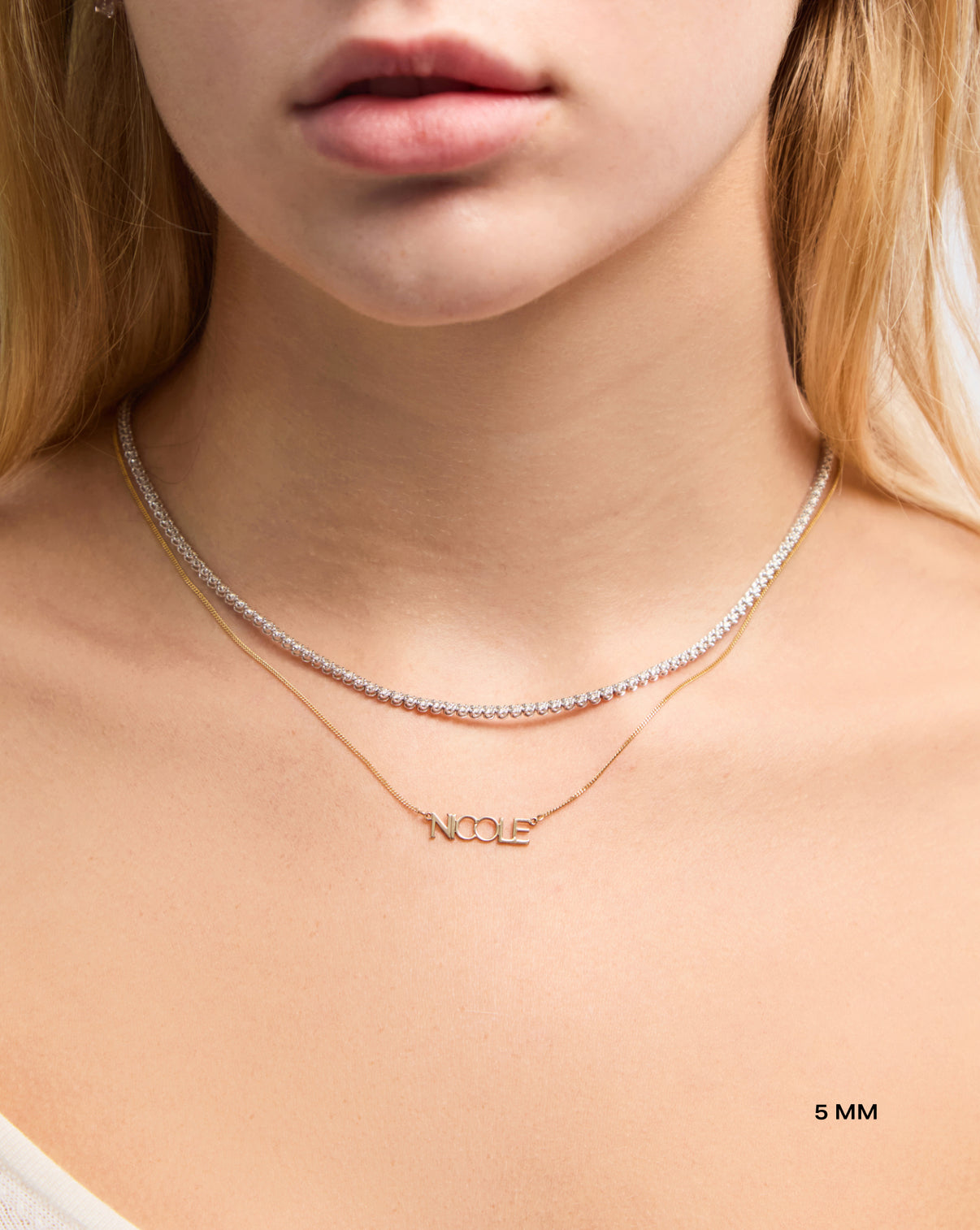 Personalized Block Name Necklace 5 mm styled with tennis necklace global