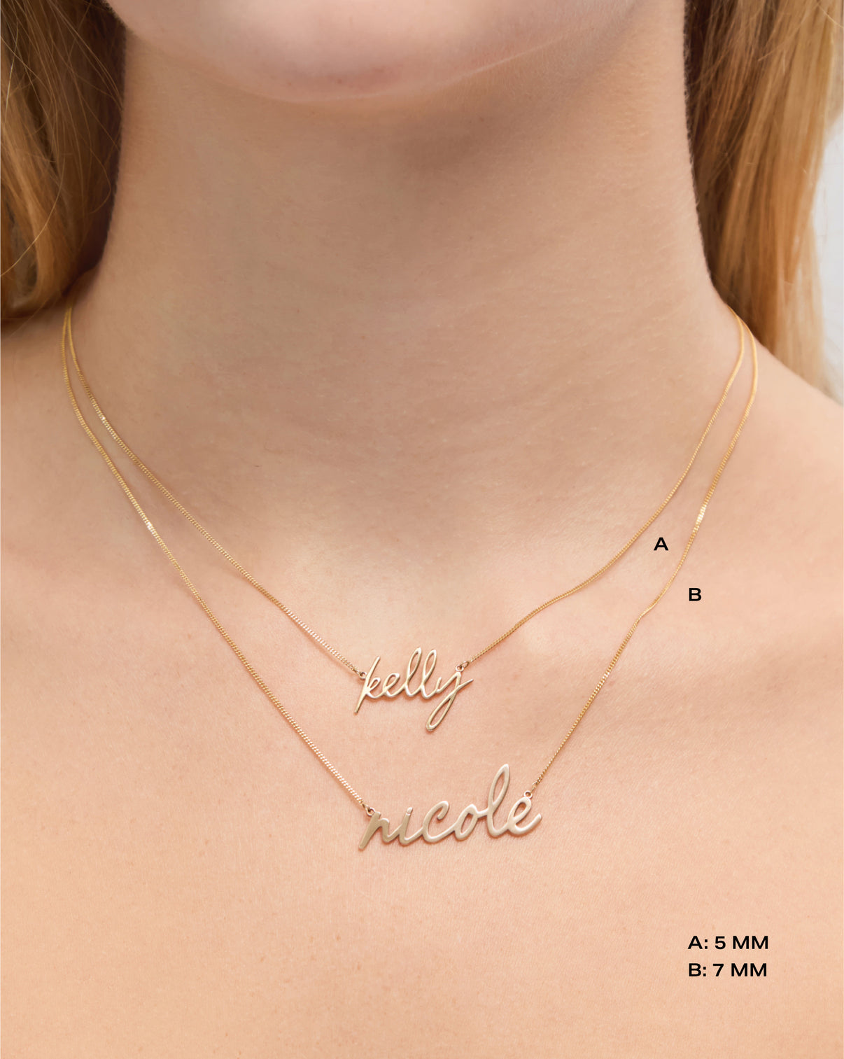 Personalized Script Name Necklace comparison image on model showing 5 and 7 mm