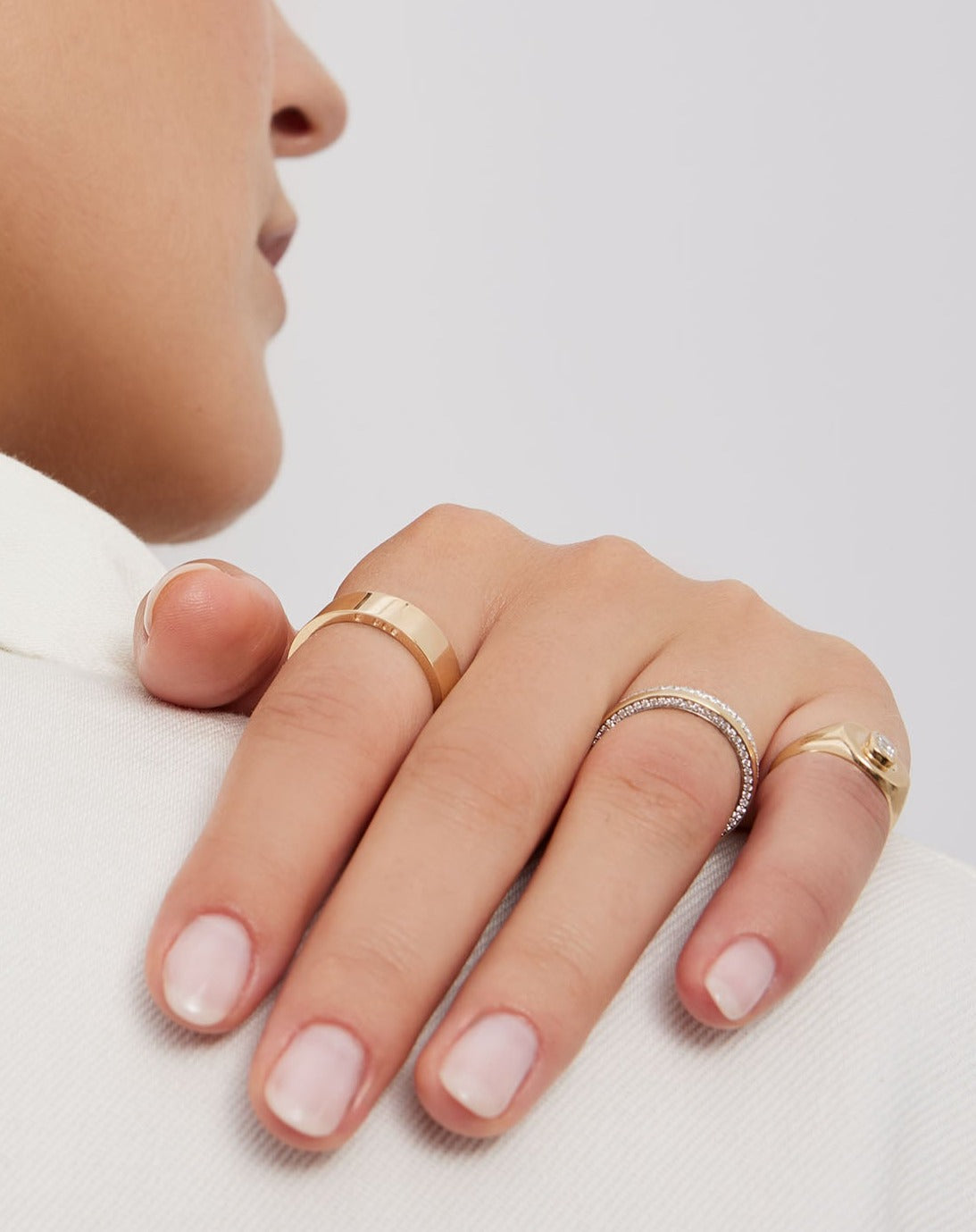 Model Wearing Gold 4 mm Gold Cigar Band, 2 mm Brilliant Pave Cigar Band, 1.3 mm Perfect Pave Cigar Band GLOBAL