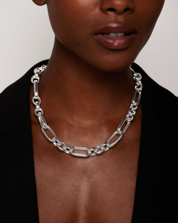 Statement Sterling - Mixed Link Chain Necklace Sterling Silver, on model