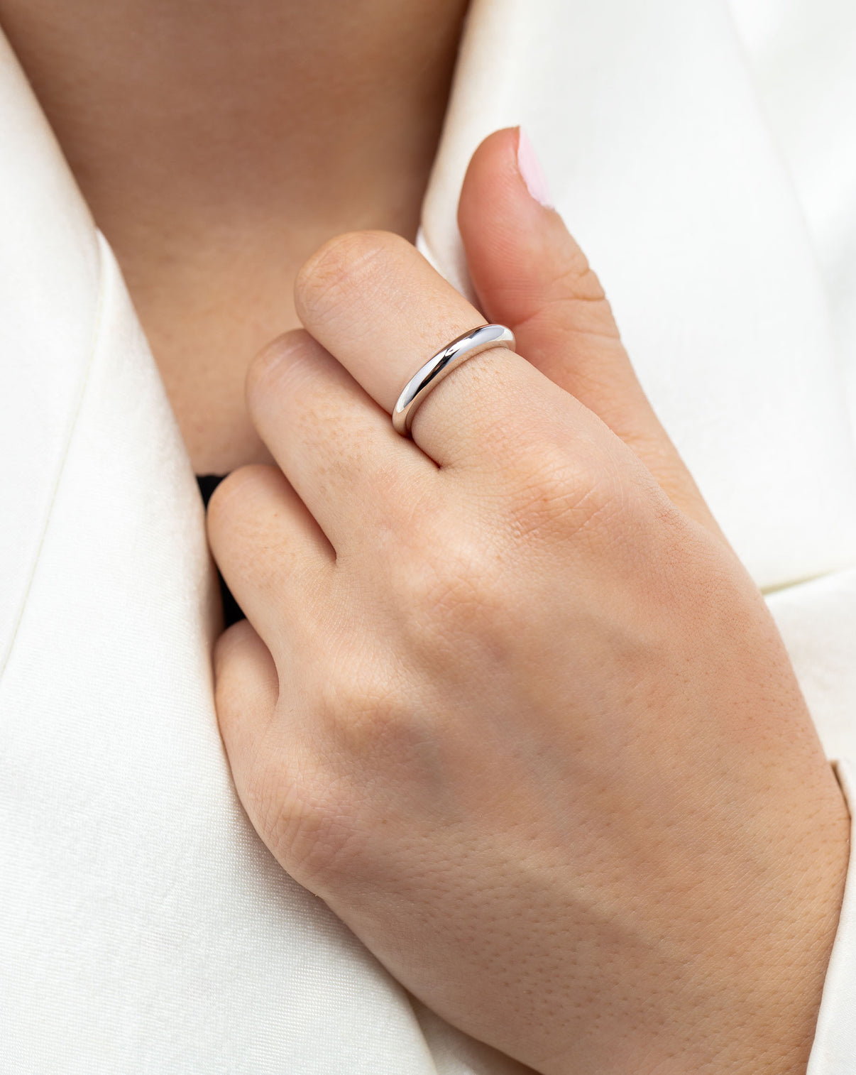 Petite Gold Cloud Ring in 14k White Gold on model wearing white blazer sterling silver