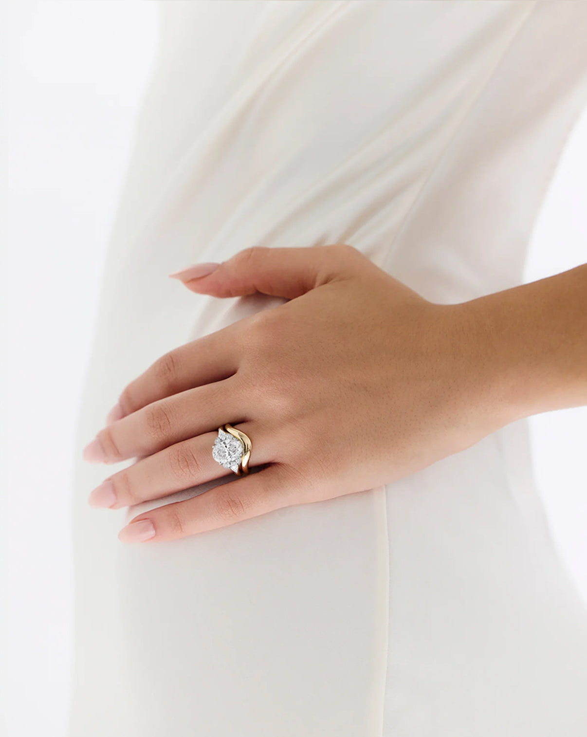 The Ivy Yellow Gold Engagement Ring shown on model with the nest wedding band 443934799331416 43934987092056 43934983258200