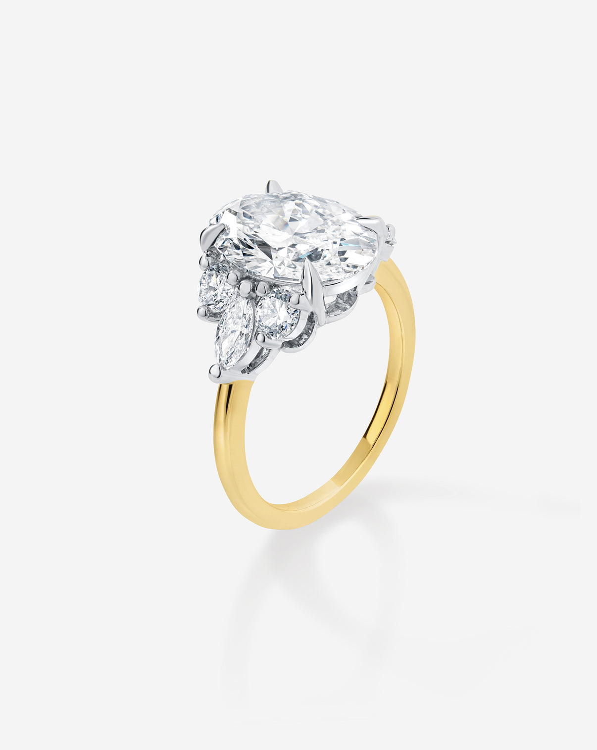 side angle of 3.08 Oval Lab Diamond in The Ivy showing three side stone 